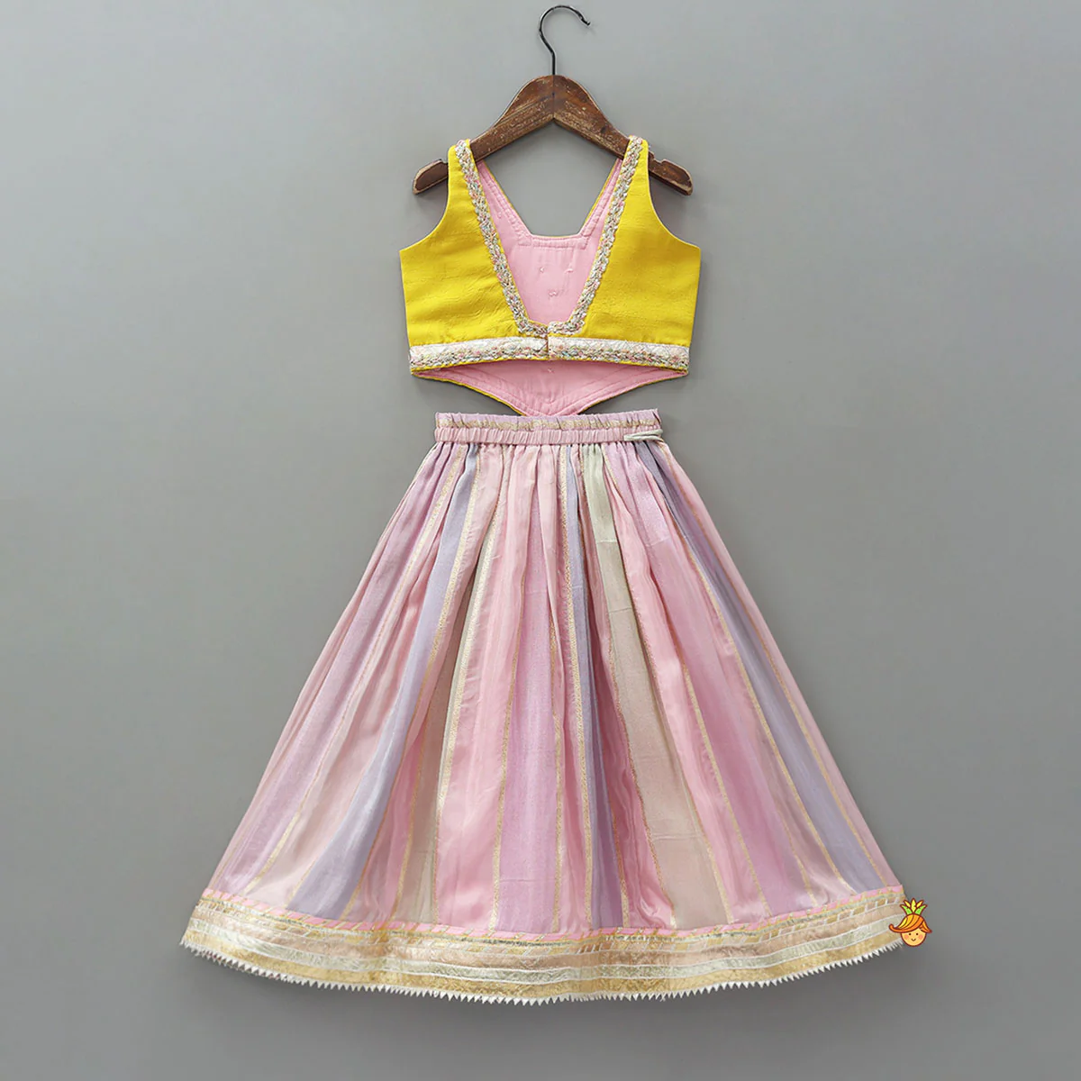 Mirror Work Top And Shimmery Lehenga With Detachable Dupatta And Heart Shaped Bag - Image 2