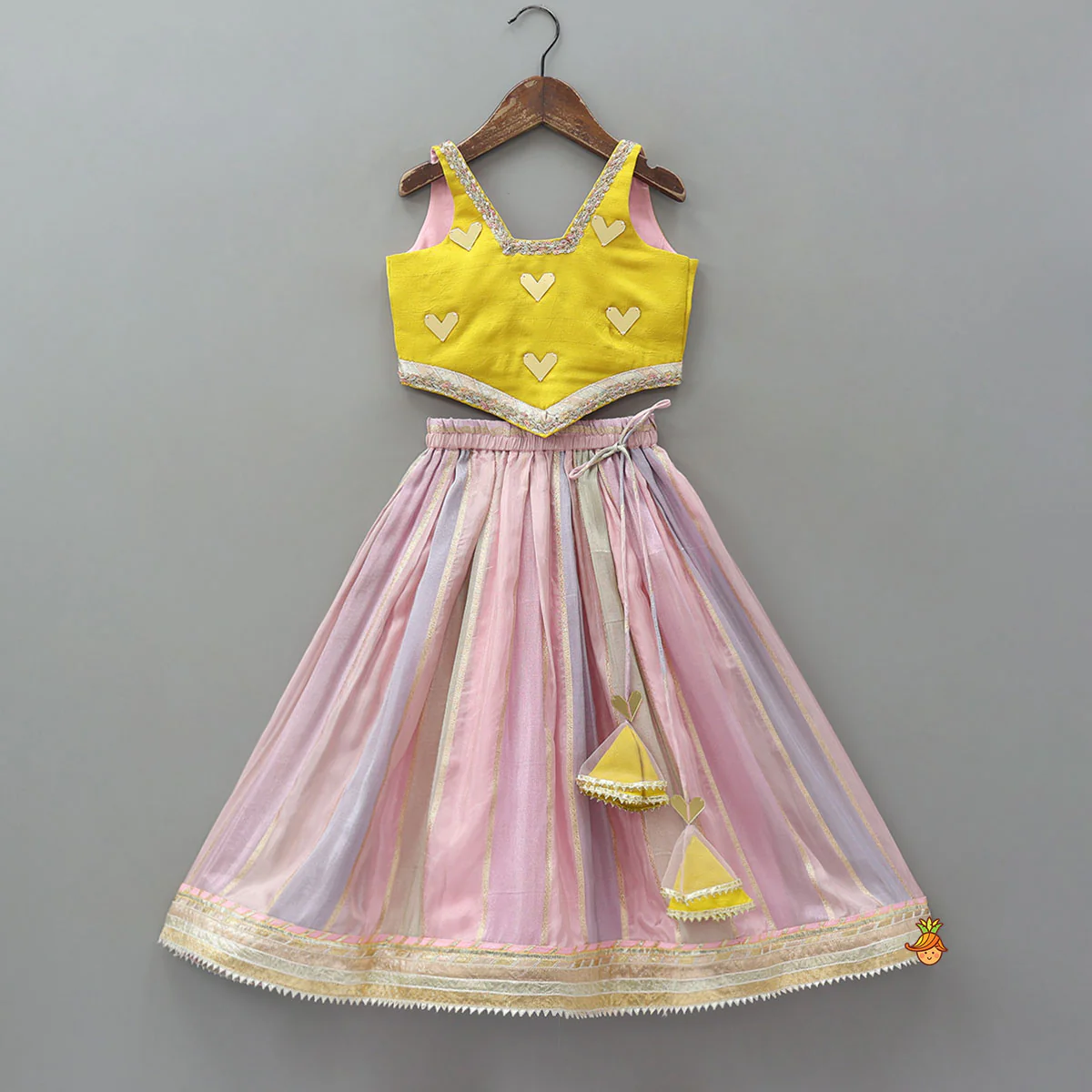 Mirror Work Top And Shimmery Lehenga With Detachable Dupatta And Heart Shaped Bag - Image 3