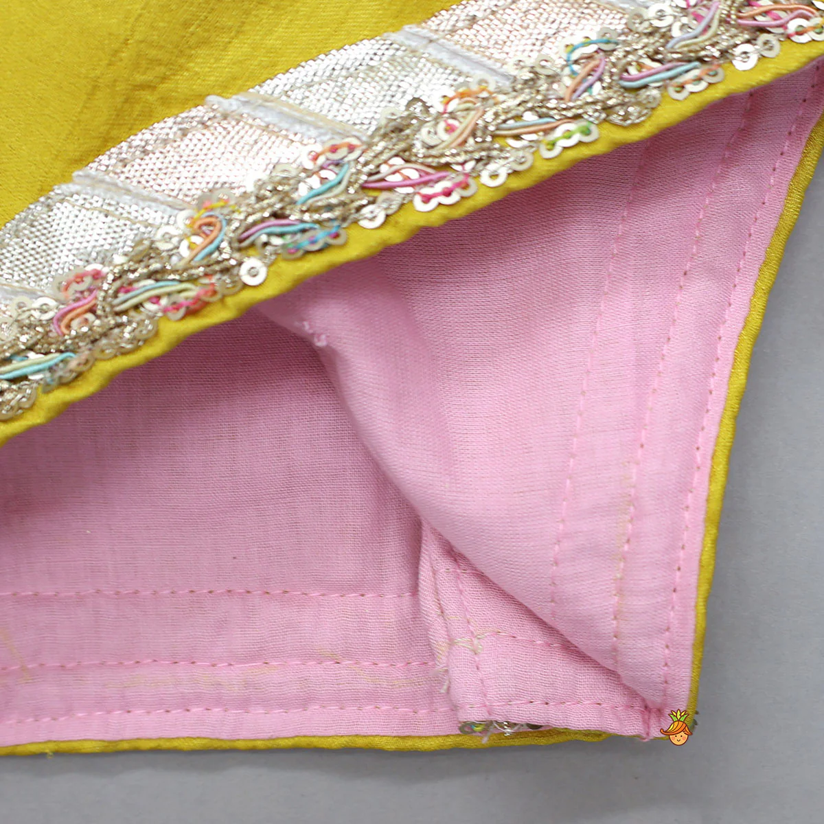 Mirror Work Top And Shimmery Lehenga With Detachable Dupatta And Heart Shaped Bag - Image 6