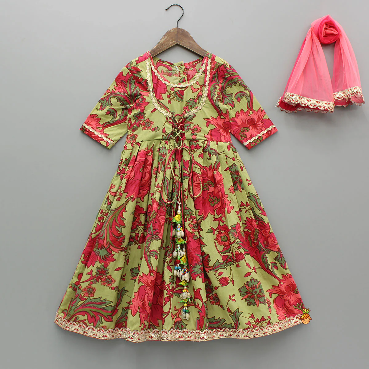 Multicolor Floral Printed Cotton Kurti With Dupatta