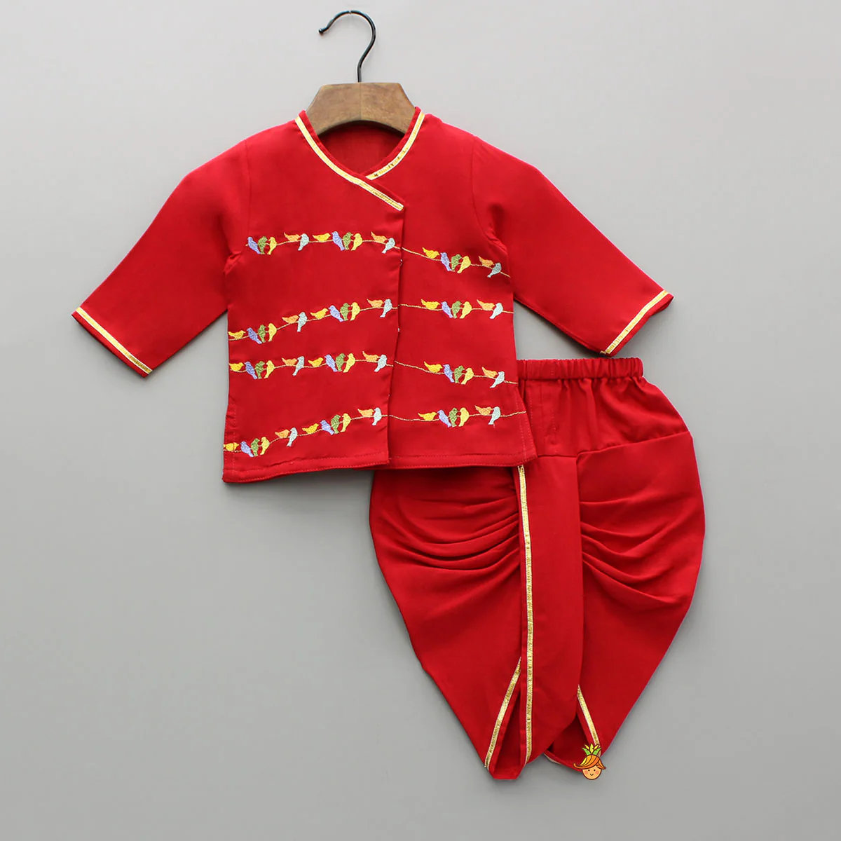 Multicolour Bird Embroidered Kurta And Dhoti With Matching Cap And Booties - Image 3