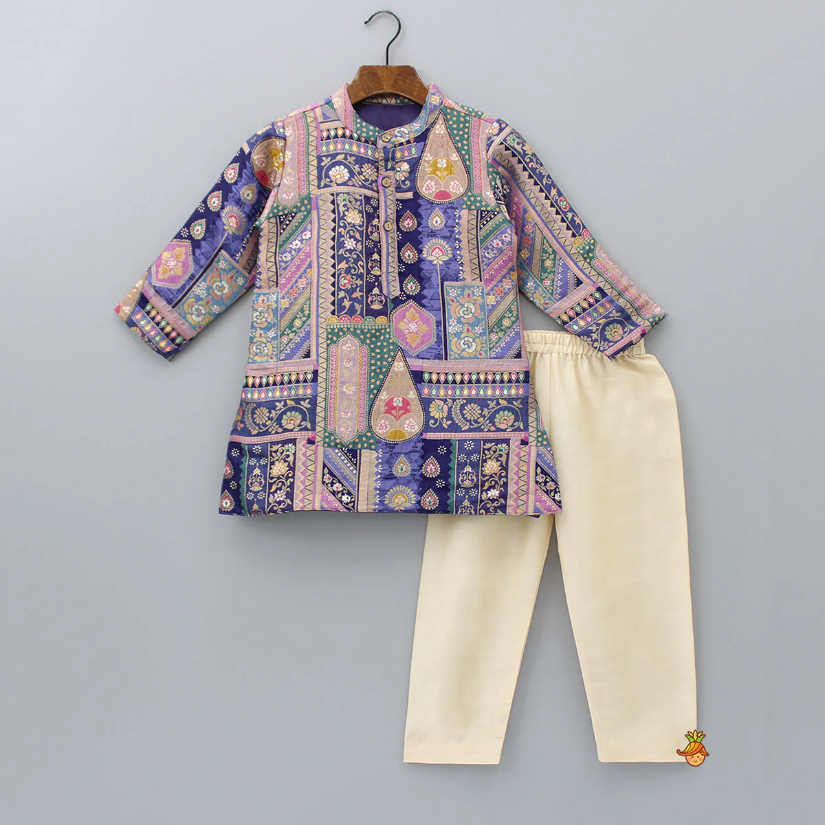 Multicolour Brocade Embroidered Kurta With Beige Pyjama