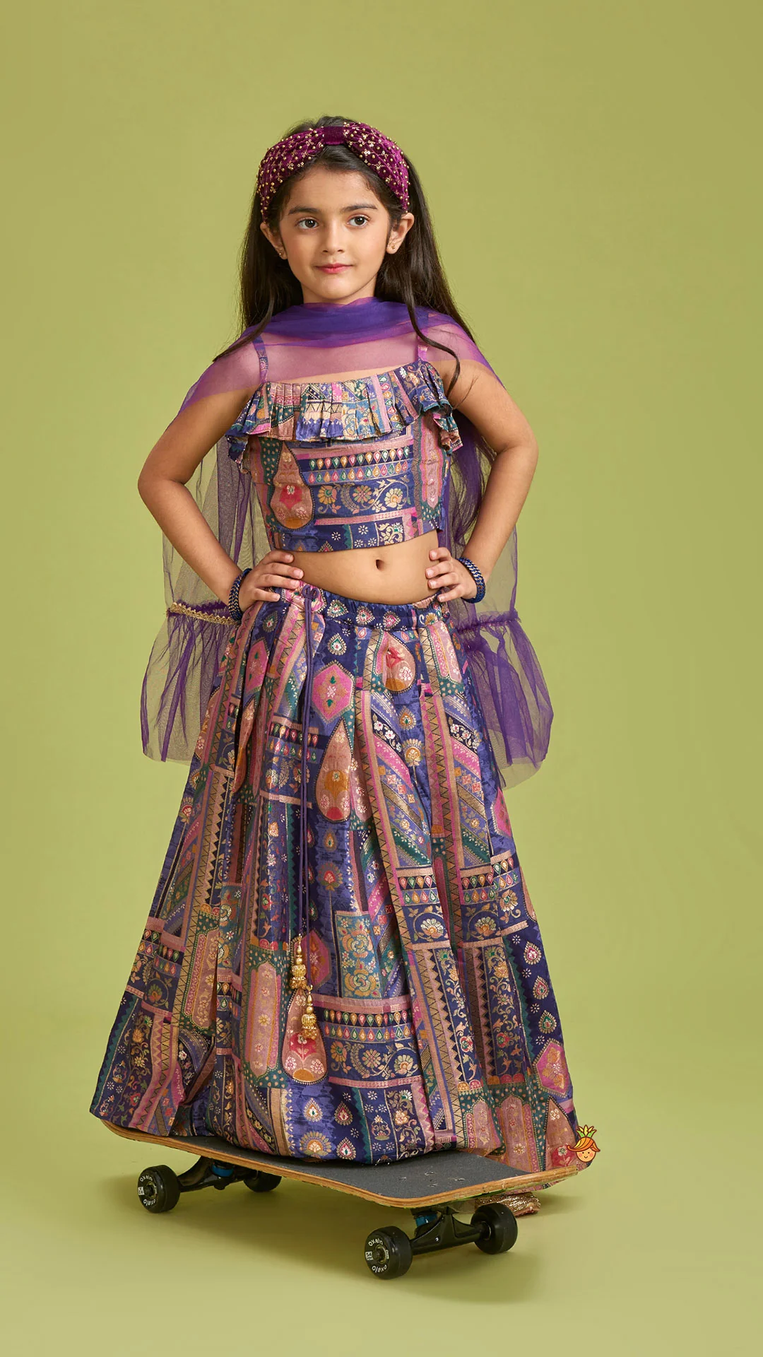 Multicolour Embroidered Pleated Top And Lehenga With Net Dupatta - Image 2