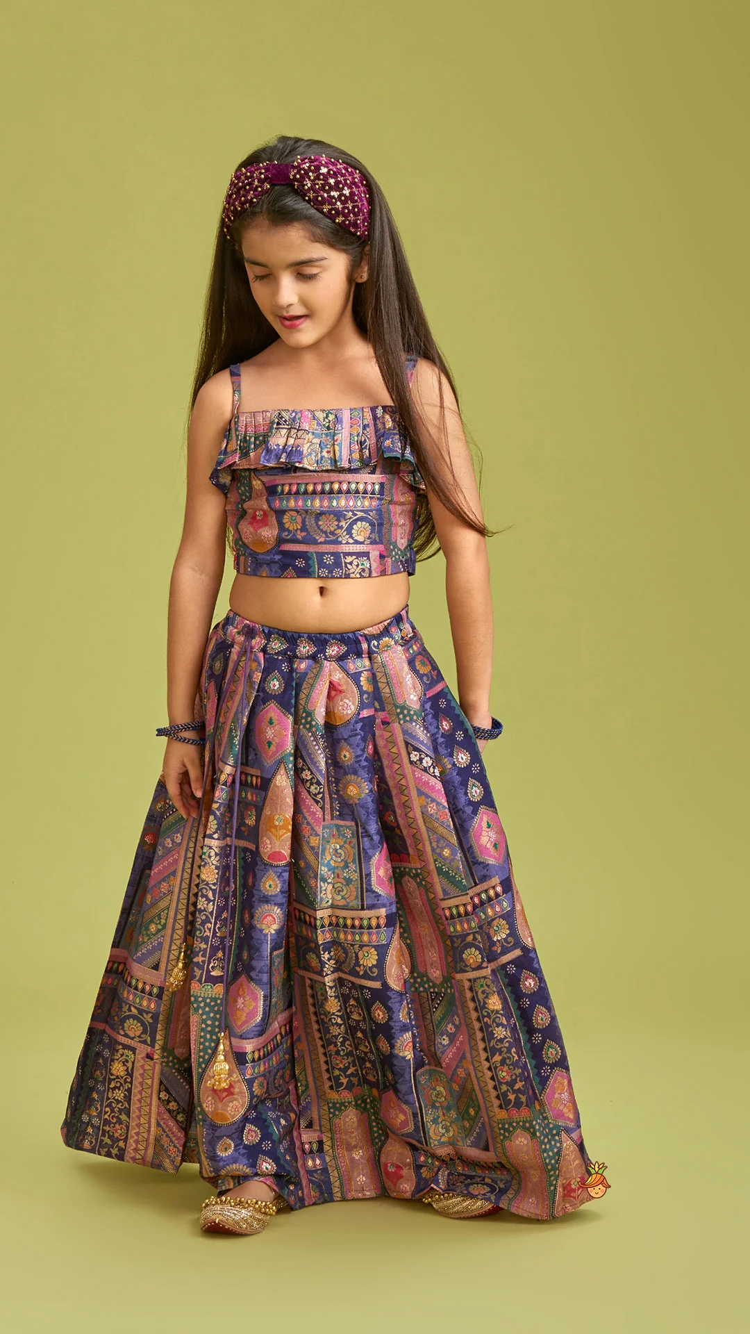Multicolour Embroidered Pleated Top And Lehenga With Net Dupatta - Image 3