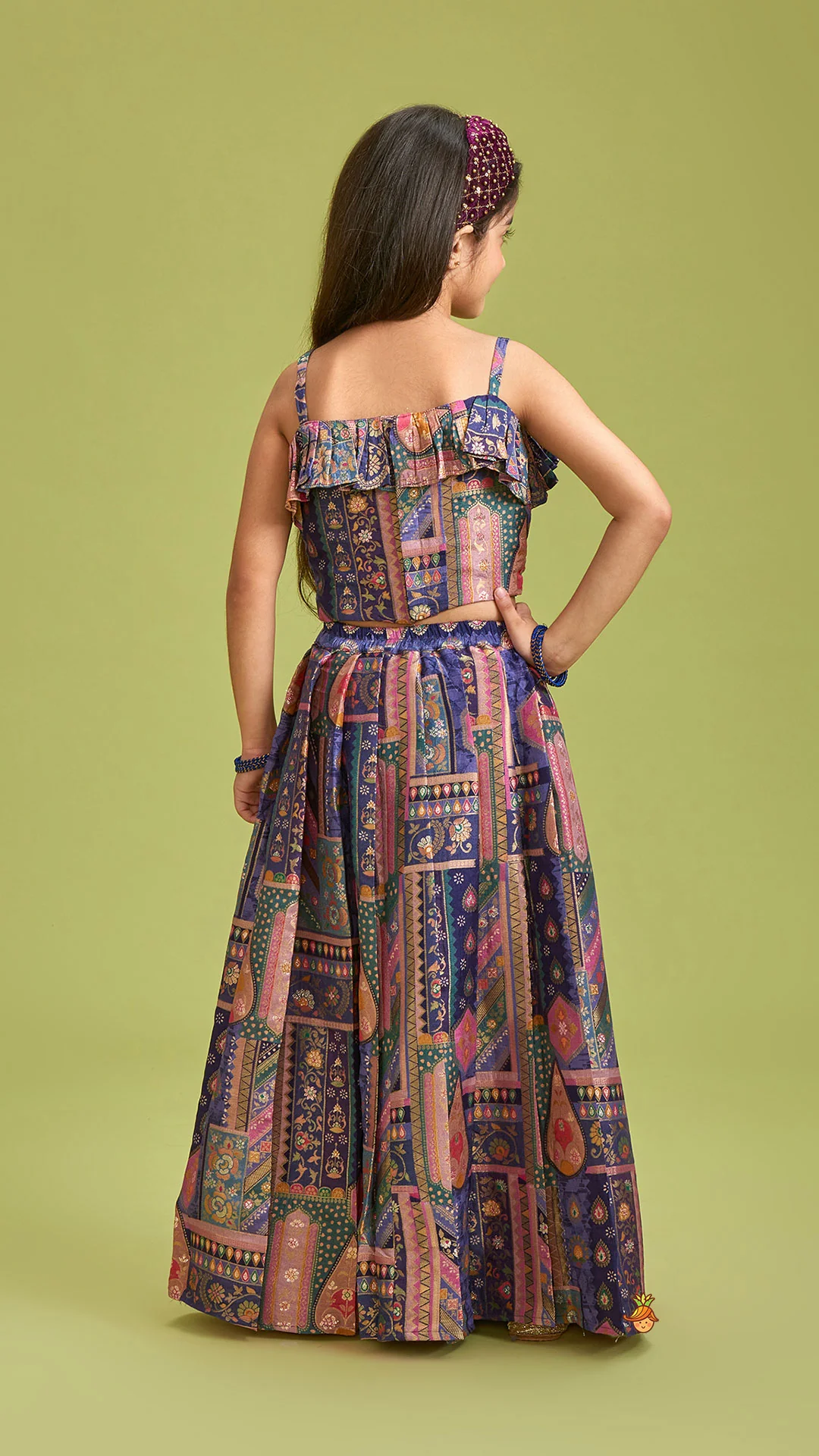 Multicolour Embroidered Pleated Top And Lehenga With Net Dupatta - Image 5