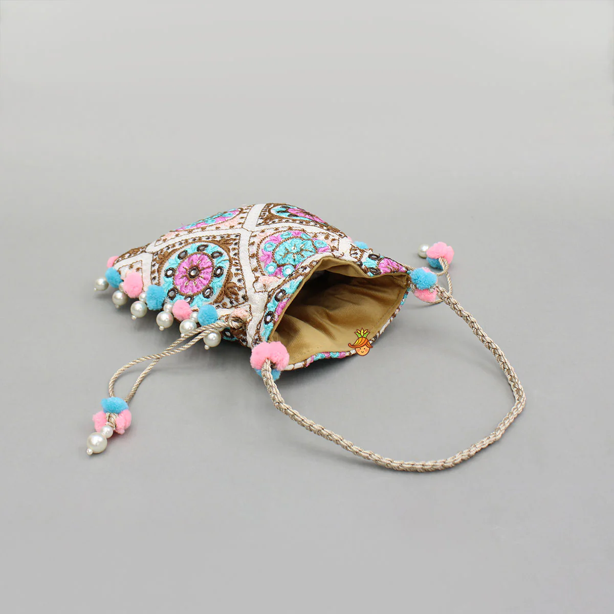 Multicolour Embroidered Pom Pom Tassels Detailed Potli Bag - Image 3