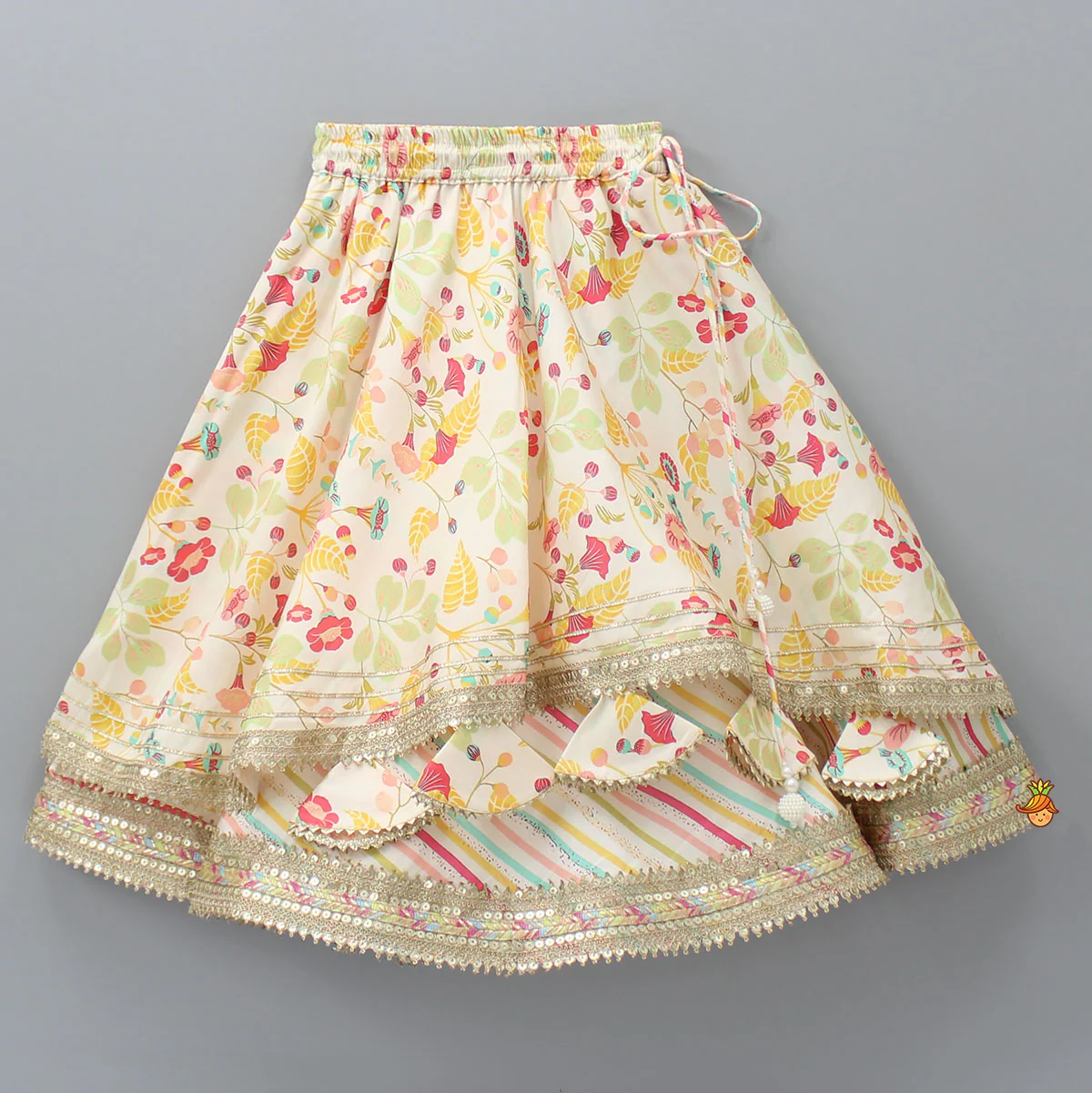 Multicolour Embroidered Top And Floral Printed Layered Lehenga - Image 4