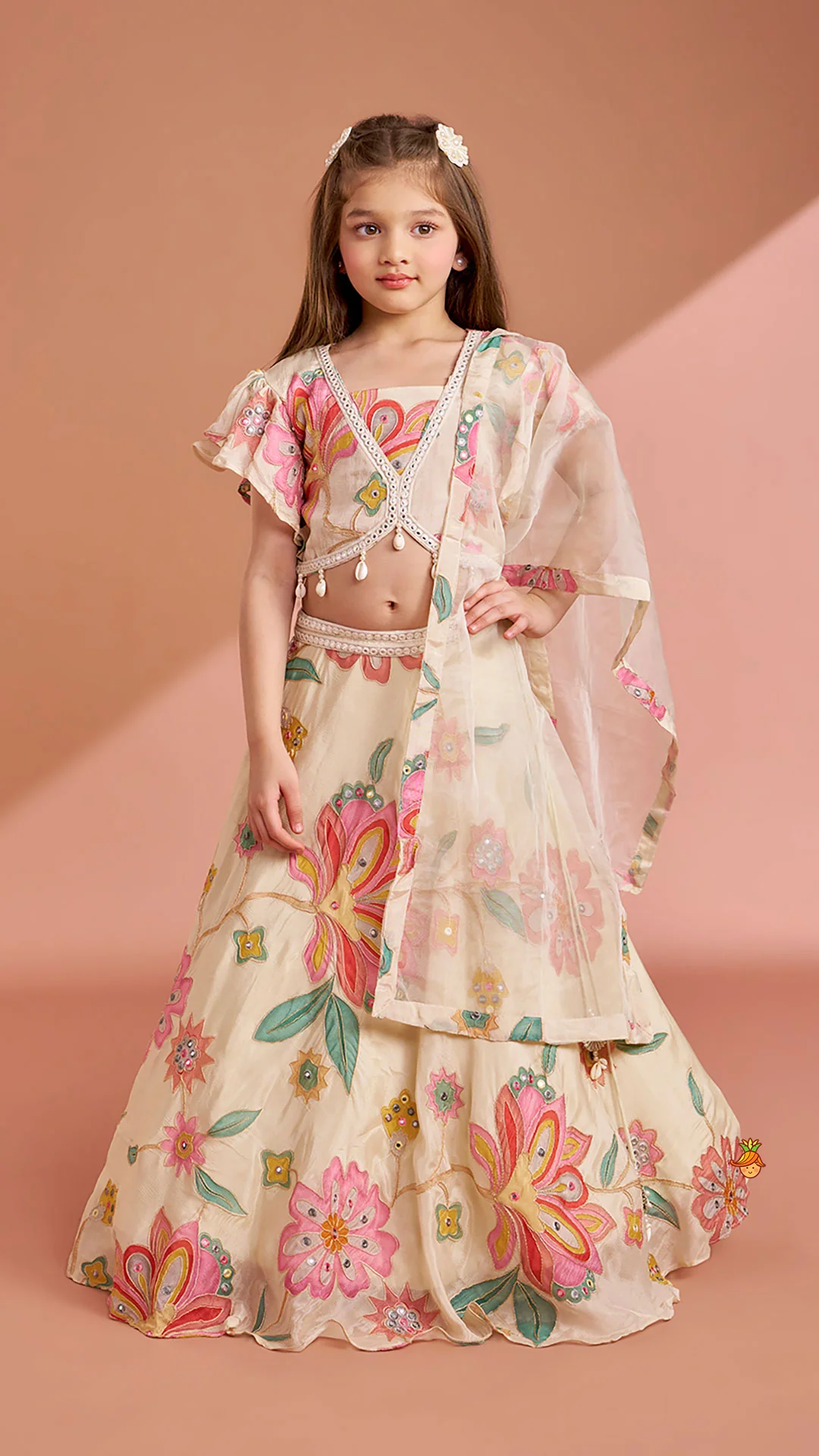 Multicolour Floral Printed And Embroidered Ivory Top With Matching Lehenga And Dupatta - Image 2