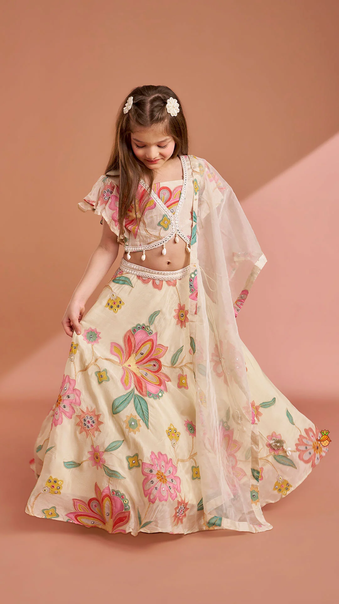 Multicolour Floral Printed And Embroidered Ivory Top With Matching Lehenga And Dupatta - Image 3