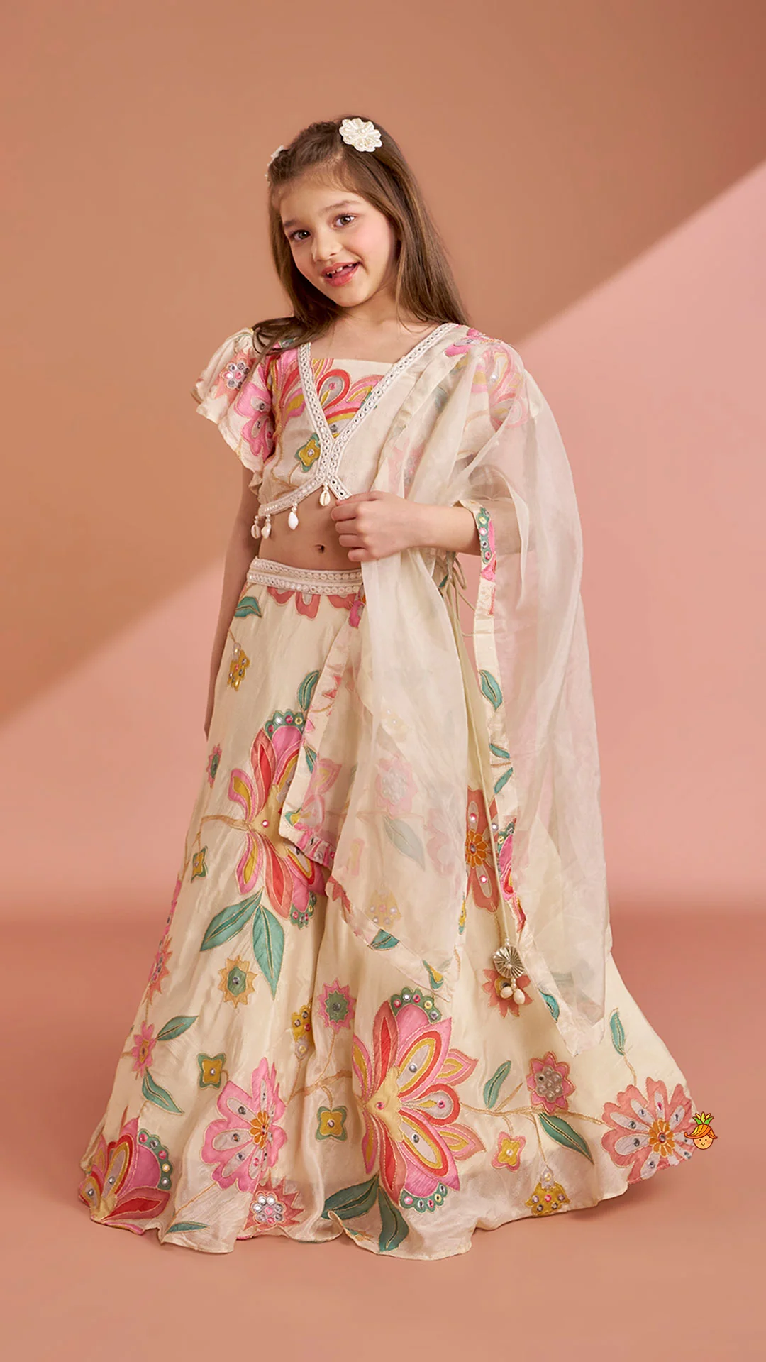 Multicolour Floral Printed And Embroidered Ivory Top With Matching Lehenga And Dupatta - Image 4
