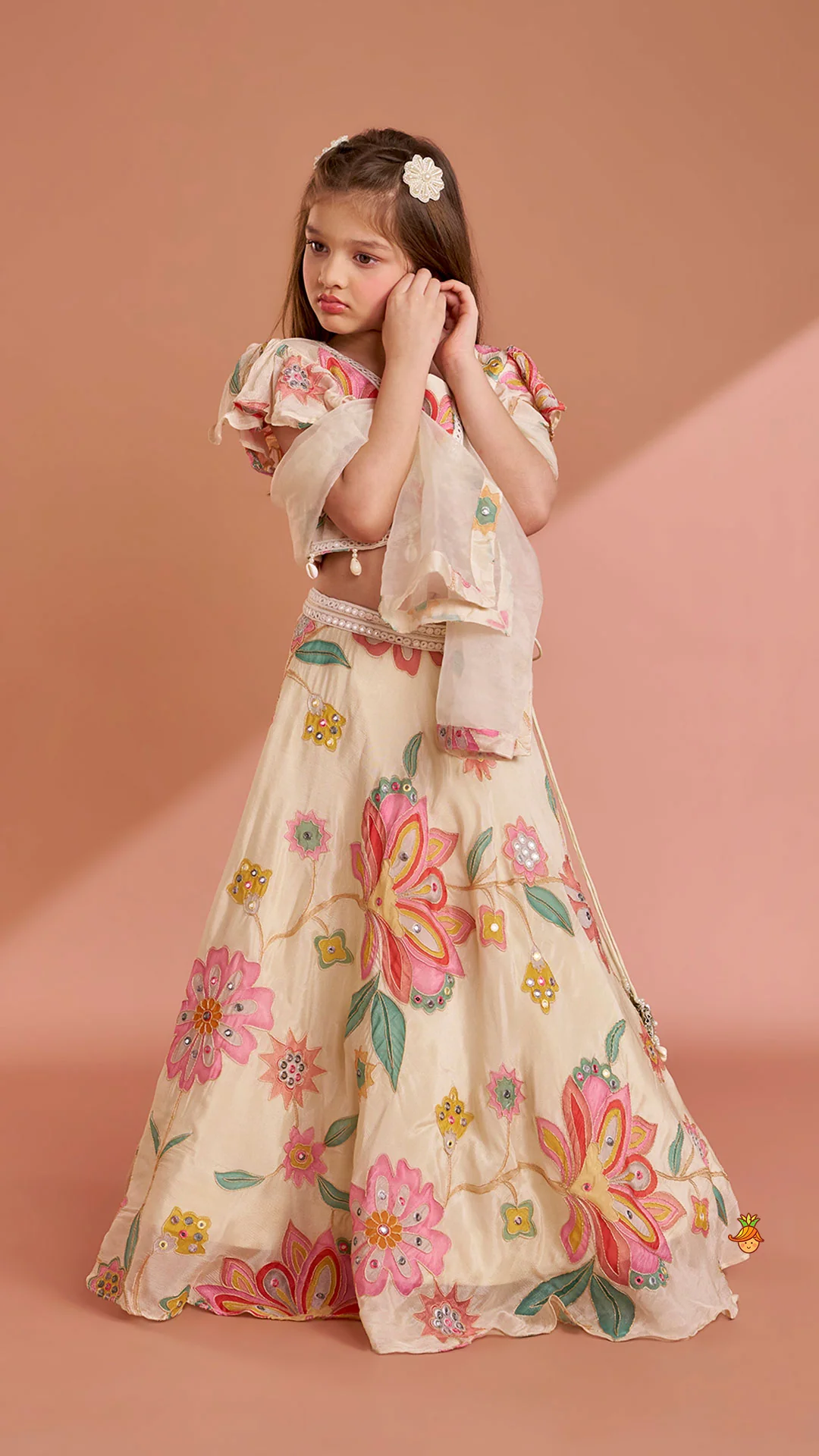 Multicolour Floral Printed And Embroidered Ivory Top With Matching Lehenga And Dupatta - Image 5
