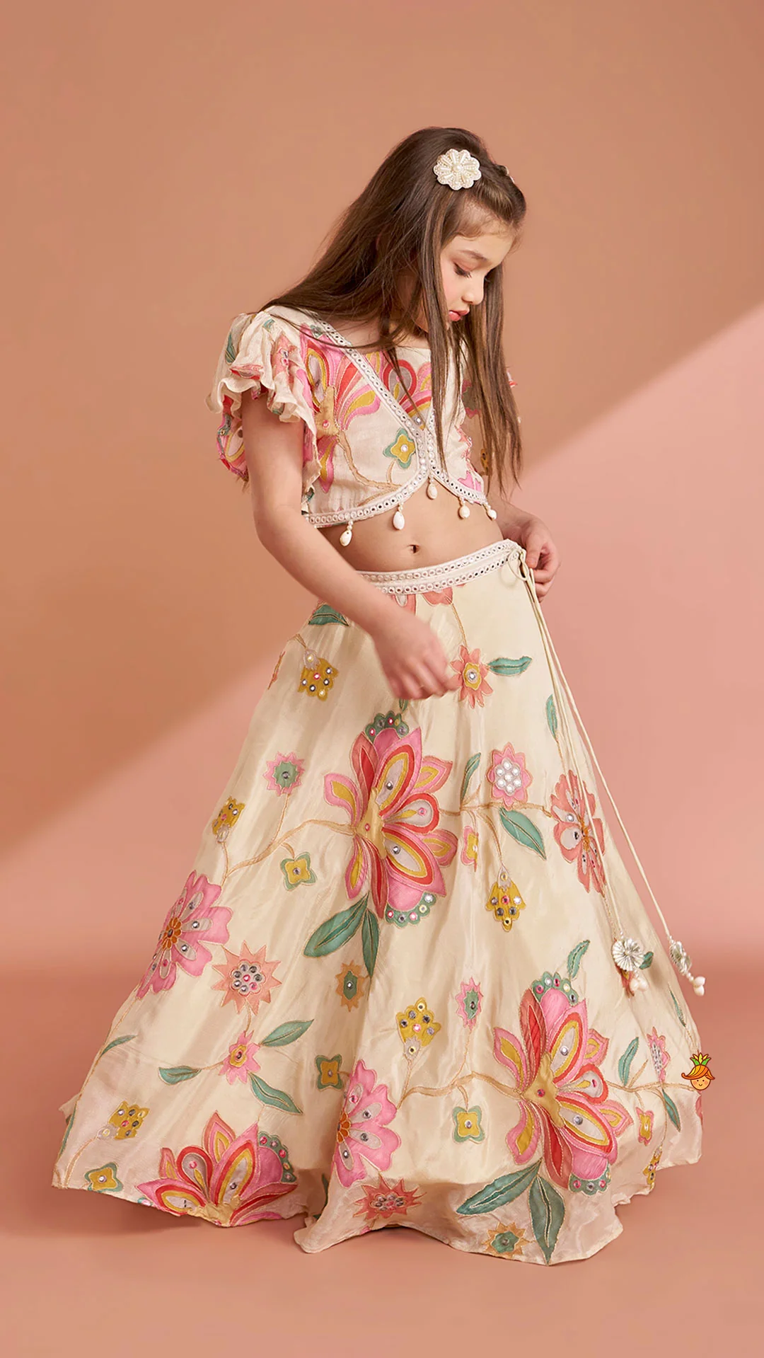 Multicolour Floral Printed And Embroidered Ivory Top With Matching Lehenga And Dupatta - Image 6