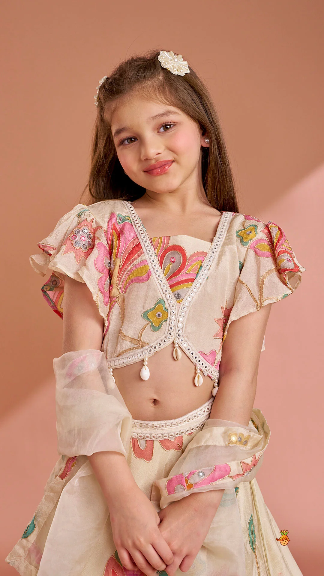 Multicolour Floral Printed And Embroidered Ivory Top With Matching Lehenga And Dupatta - Image 7