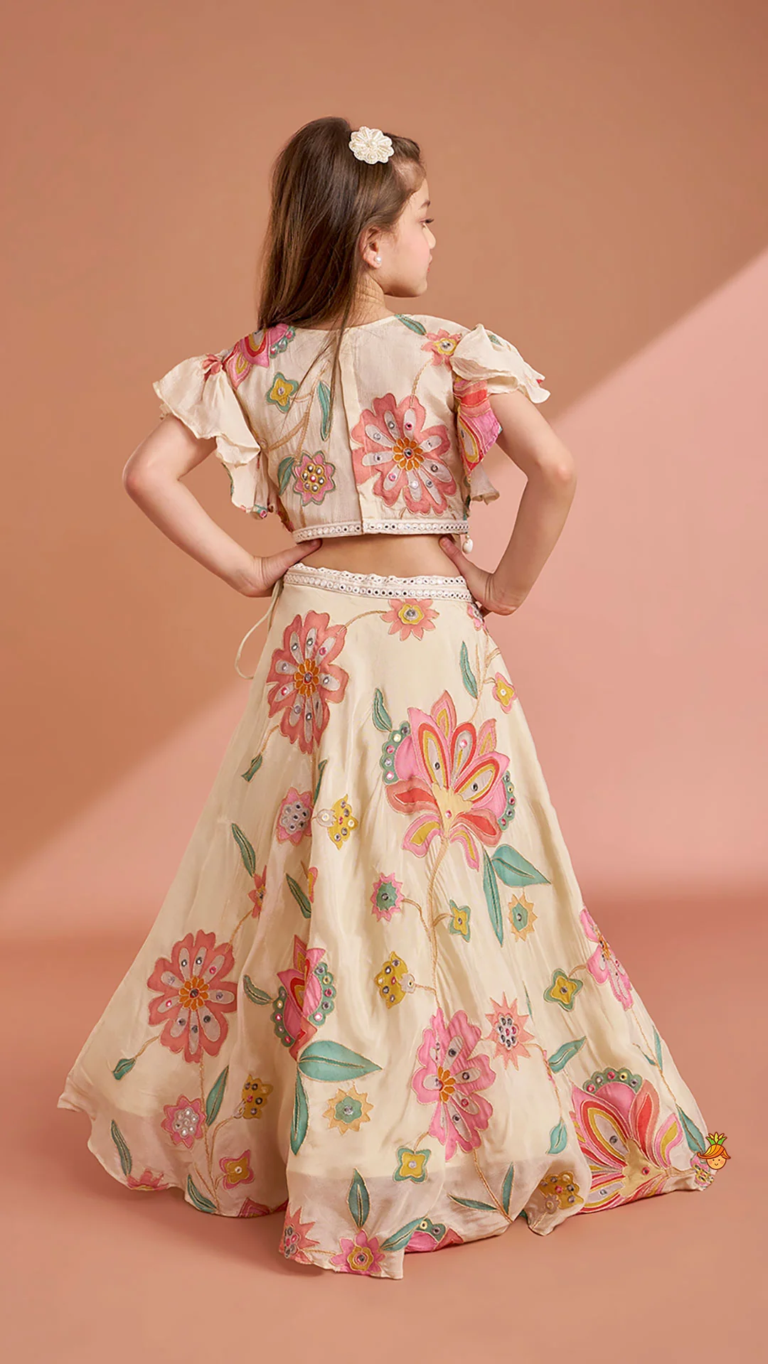 Multicolour Floral Printed And Embroidered Ivory Top With Matching Lehenga And Dupatta - Image 9