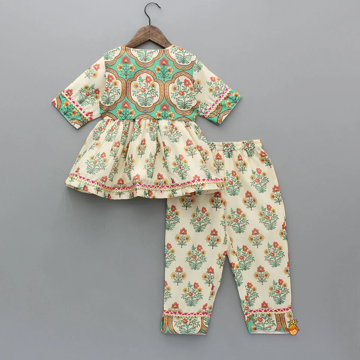 Multicolour Floral Printed Top With Front Knot Detail Jacket And Pant - Image 2
