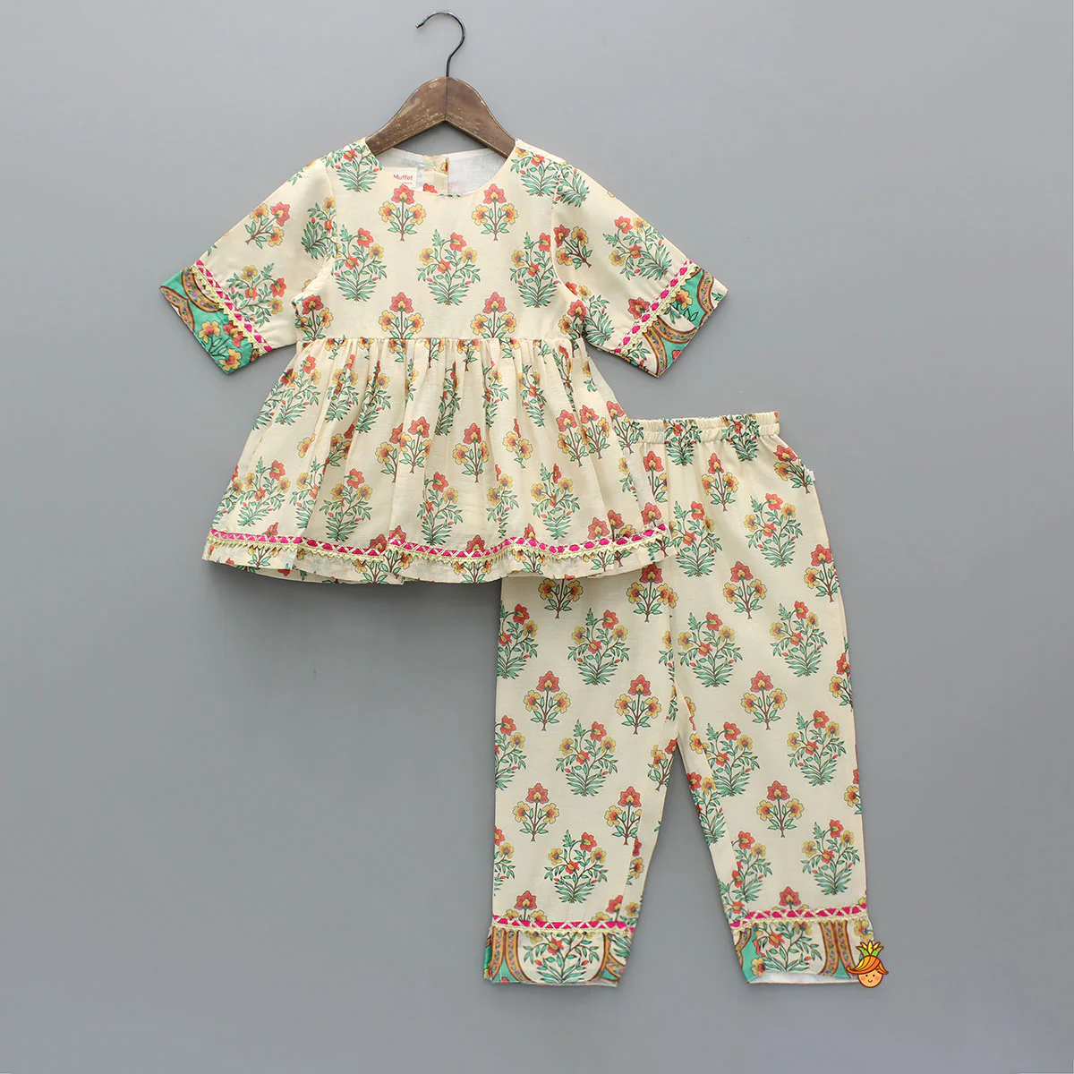 Multicolour Floral Printed Top With Front Knot Detail Jacket And Pant - Image 3