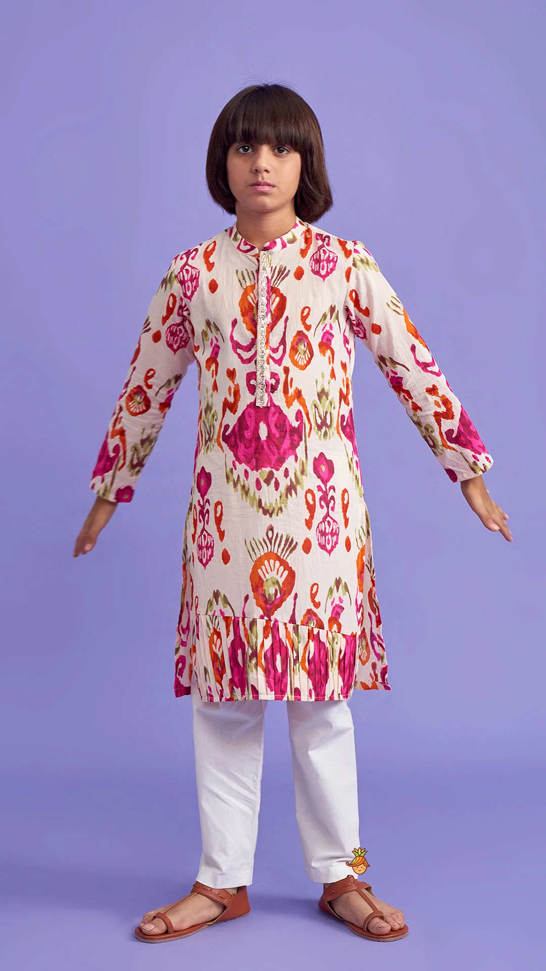 Multicolour Pleated Hem Kurta And Pyjama - Image 3