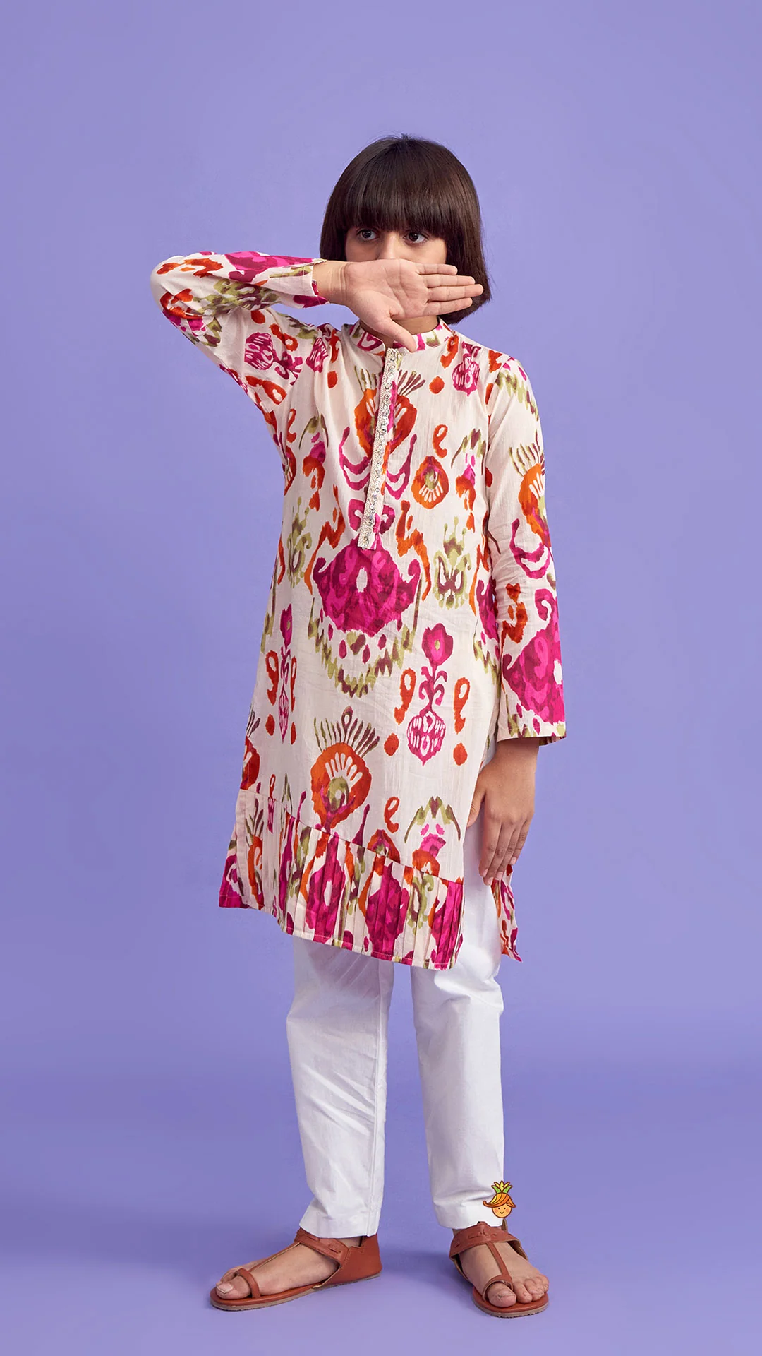 Multicolour Pleated Hem Kurta And Pyjama - Image 4