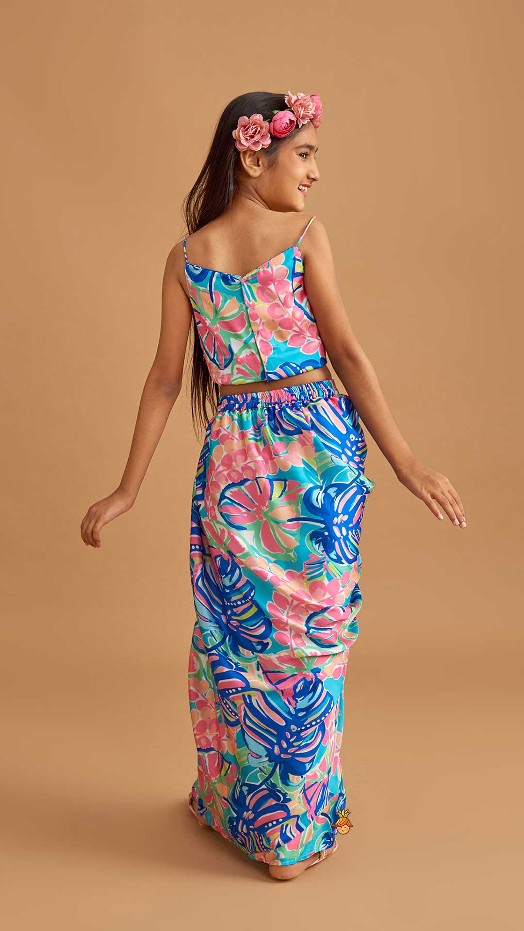 Multicolour Printed Lace Work Top With Cape And Dhoti Style Skirt - Image 10