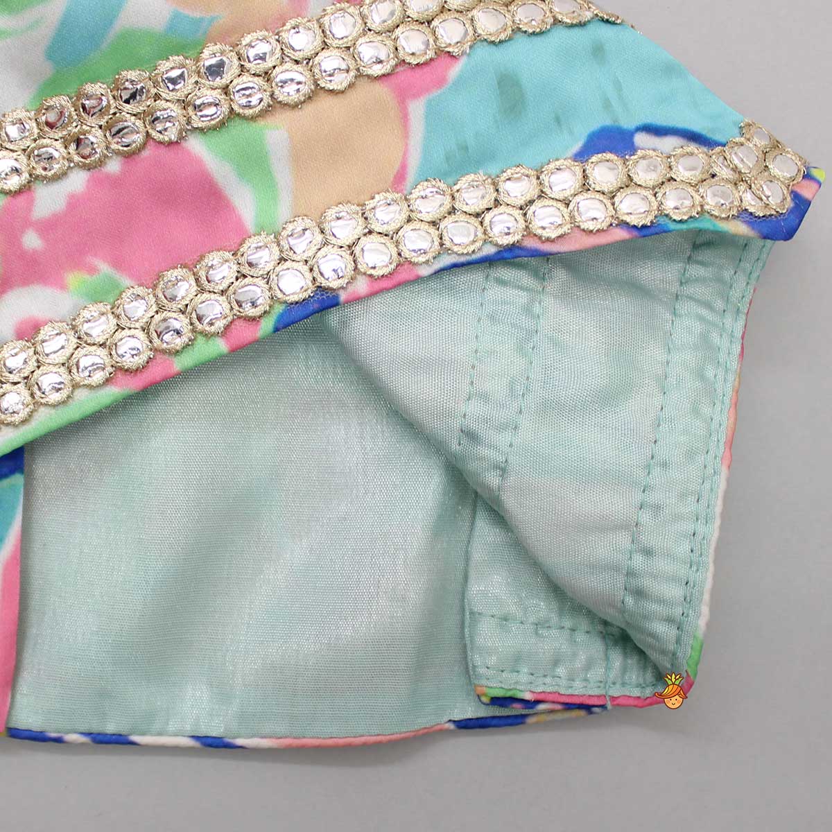 Multicolour Printed Lace Work Top With Cape And Dhoti Style Skirt - Image 11