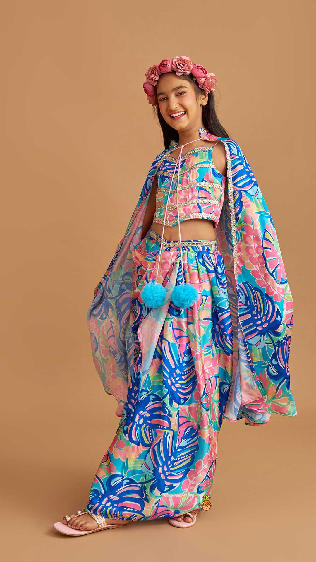 Multicolour Printed Lace Work Top With Cape And Dhoti Style Skirt - Image 3