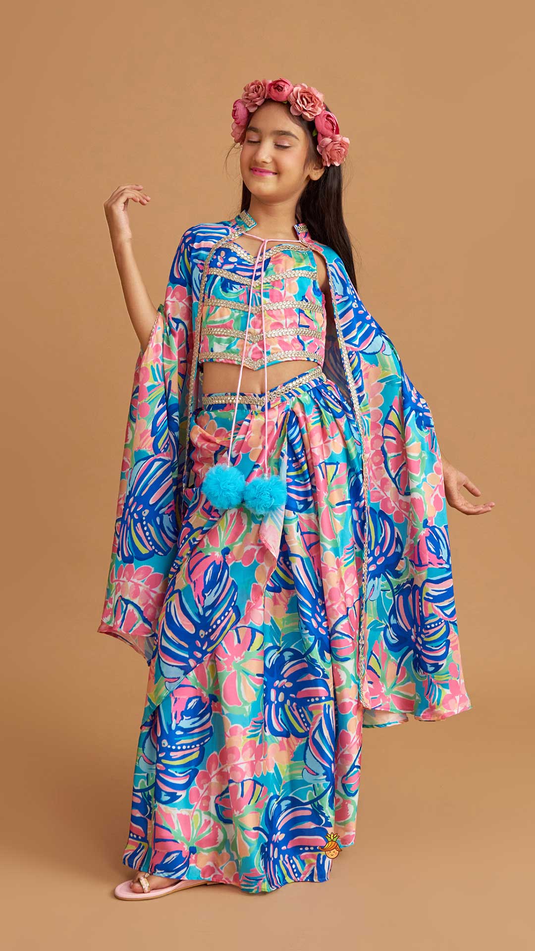 Multicolour Printed Lace Work Top With Cape And Dhoti Style Skirt - Image 4