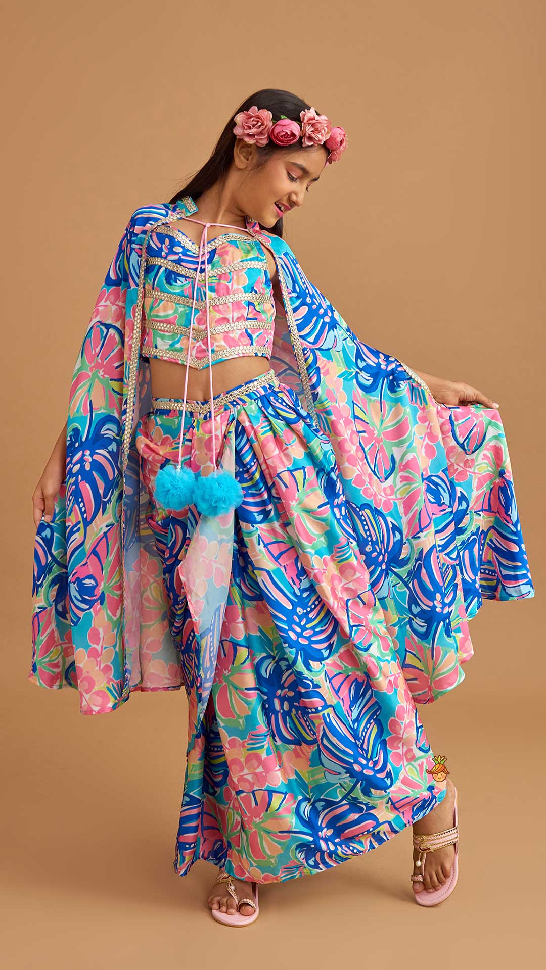 Multicolour Printed Lace Work Top With Cape And Dhoti Style Skirt - Image 5