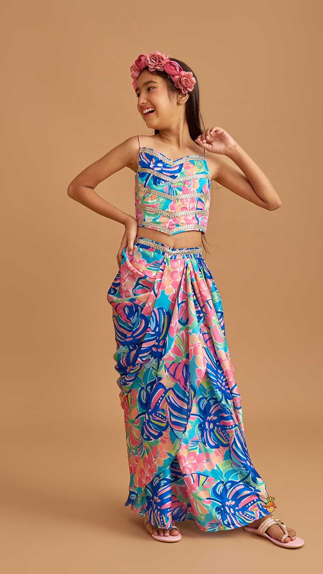 Multicolour Printed Lace Work Top With Cape And Dhoti Style Skirt - Image 6