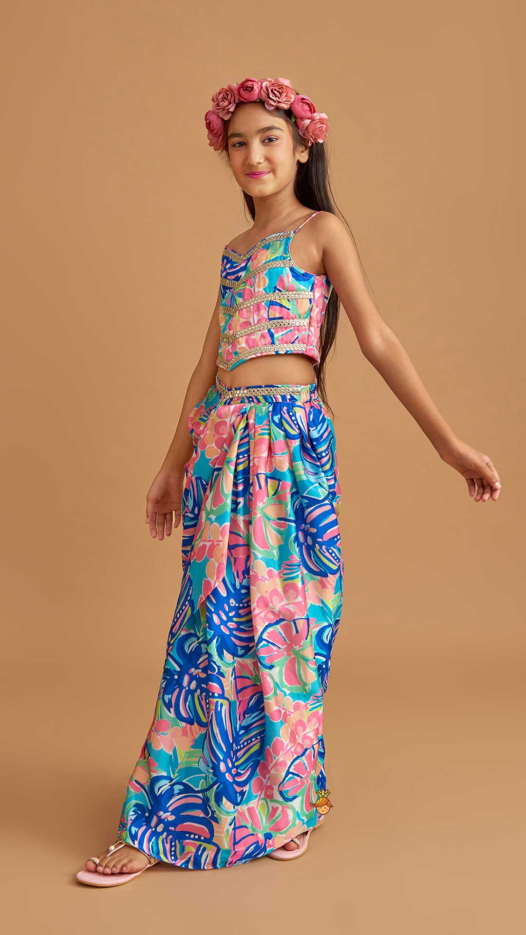 Multicolour Printed Lace Work Top With Cape And Dhoti Style Skirt - Image 7