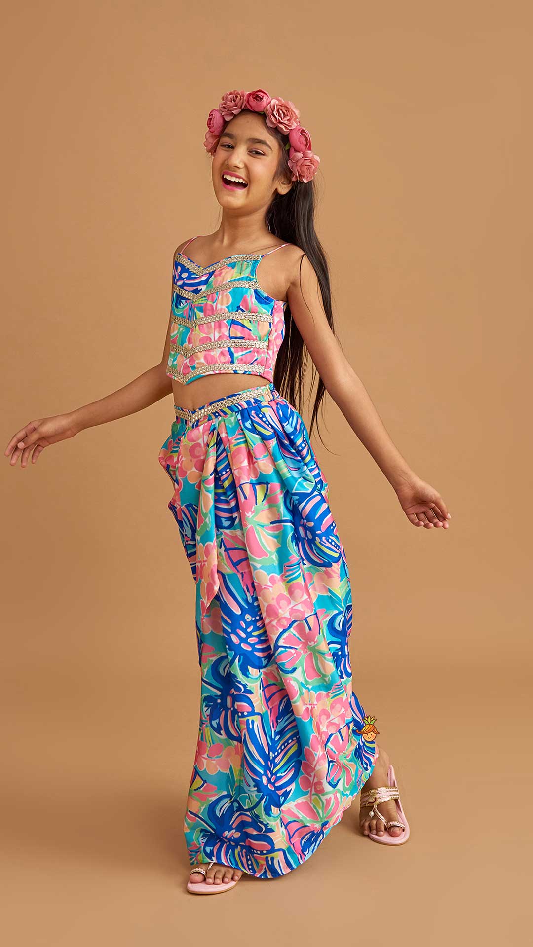 Multicolour Printed Lace Work Top With Cape And Dhoti Style Skirt - Image 8