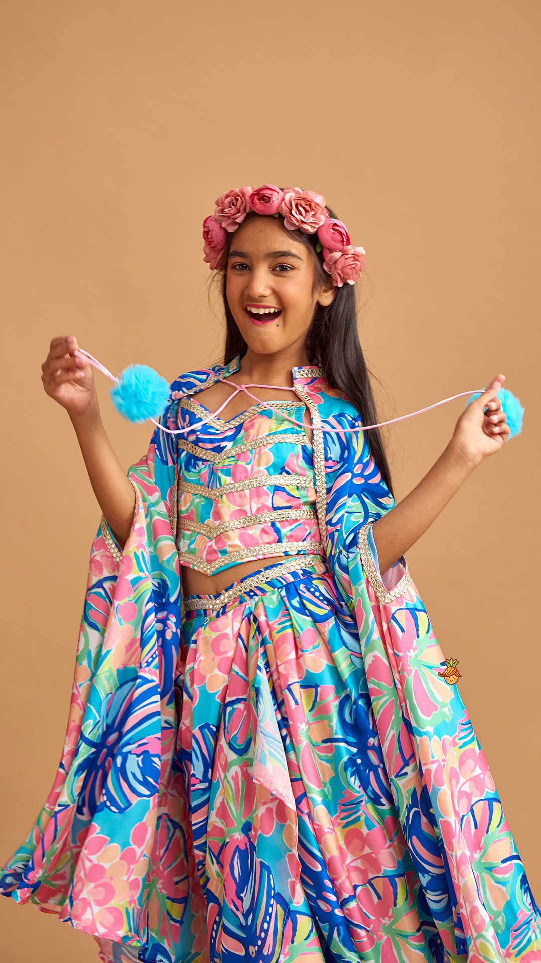 Multicolour Printed Lace Work Top With Cape And Dhoti Style Skirt - Image 9
