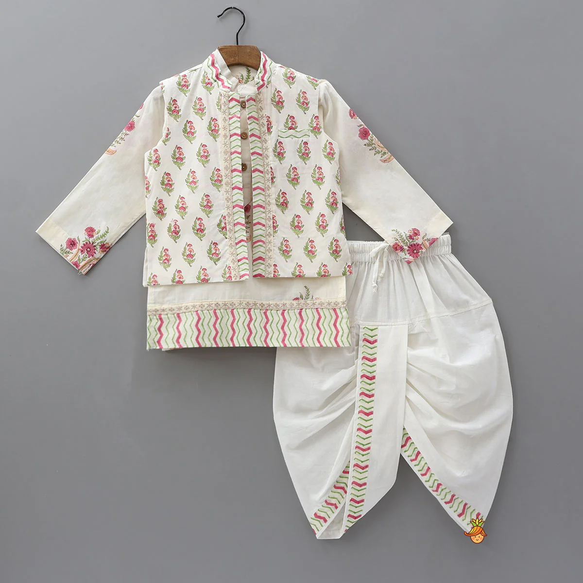 Multicoloured Floral Printed Kurta With Jacket And Dhoti