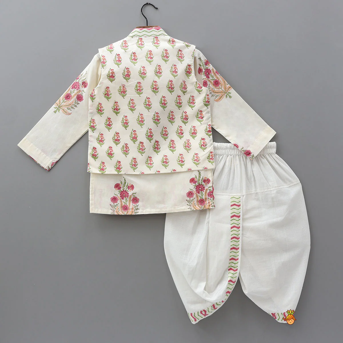 Multicoloured Floral Printed Kurta With Jacket And Dhoti - Image 2