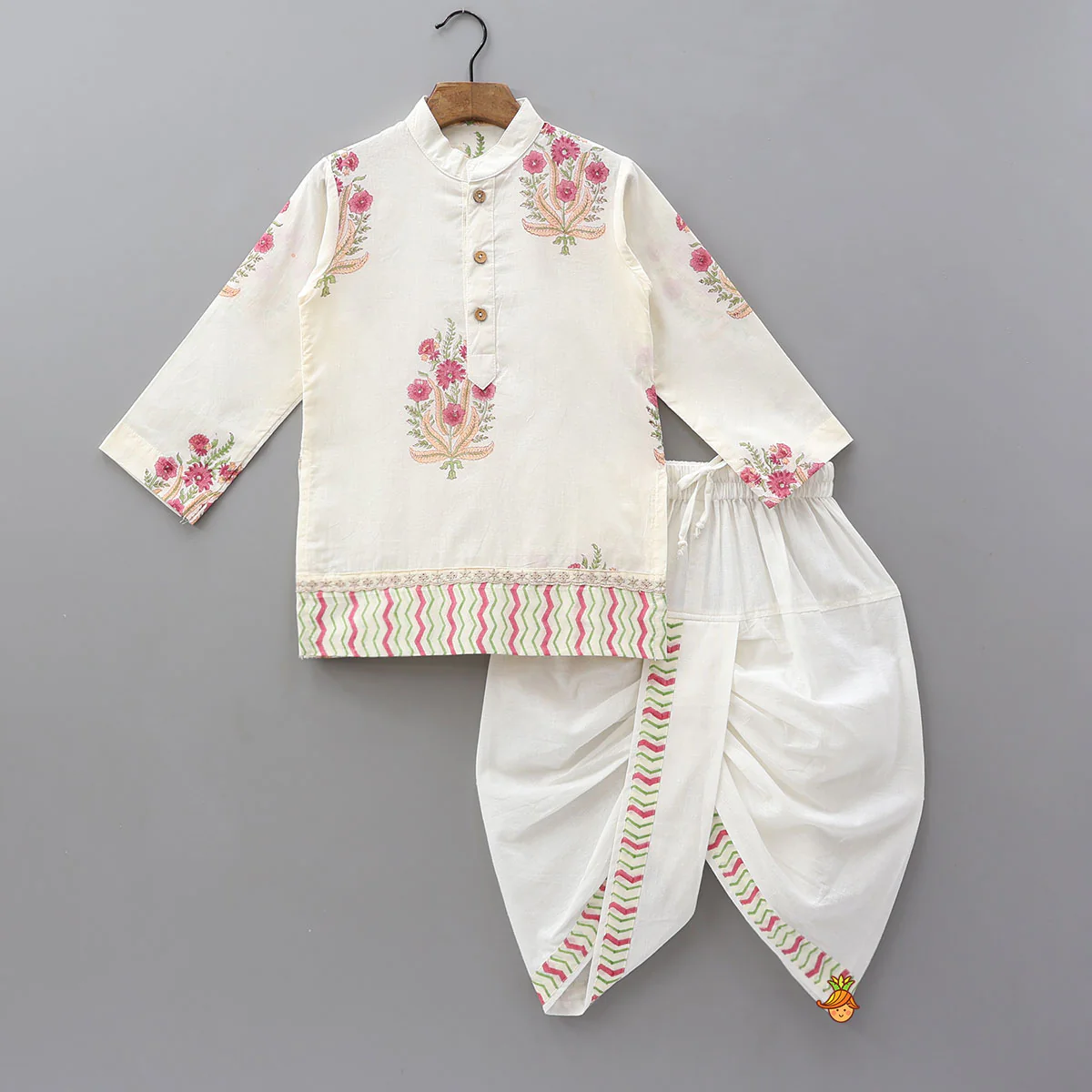 Multicoloured Floral Printed Kurta With Jacket And Dhoti - Image 3