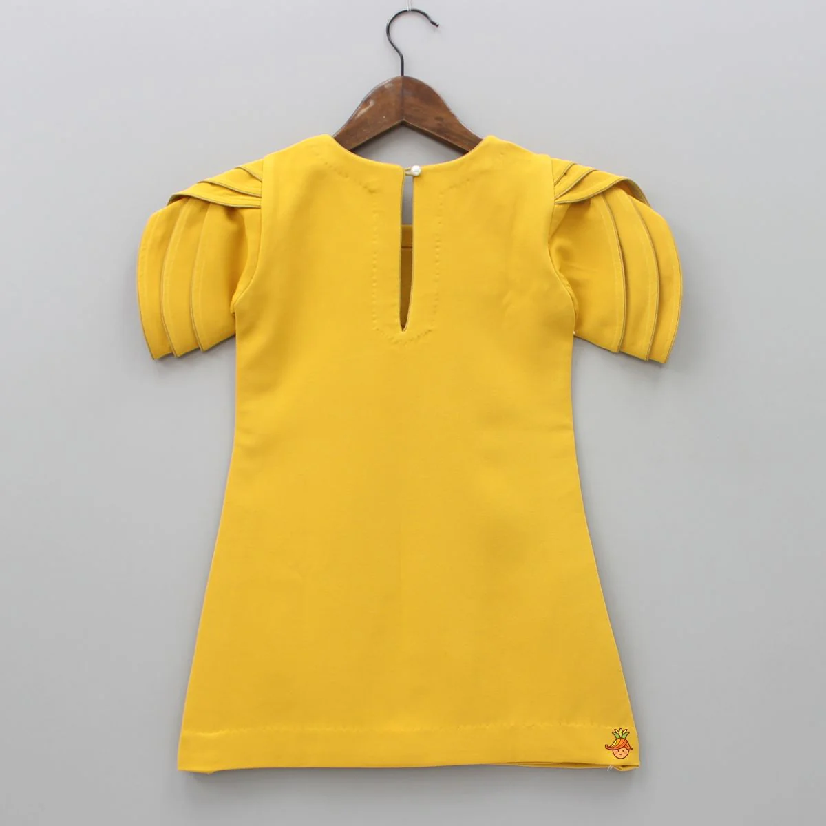 Mustard Floral Embroidered Stylish Layered Sleeves Dress With Sling Bag - Image 2