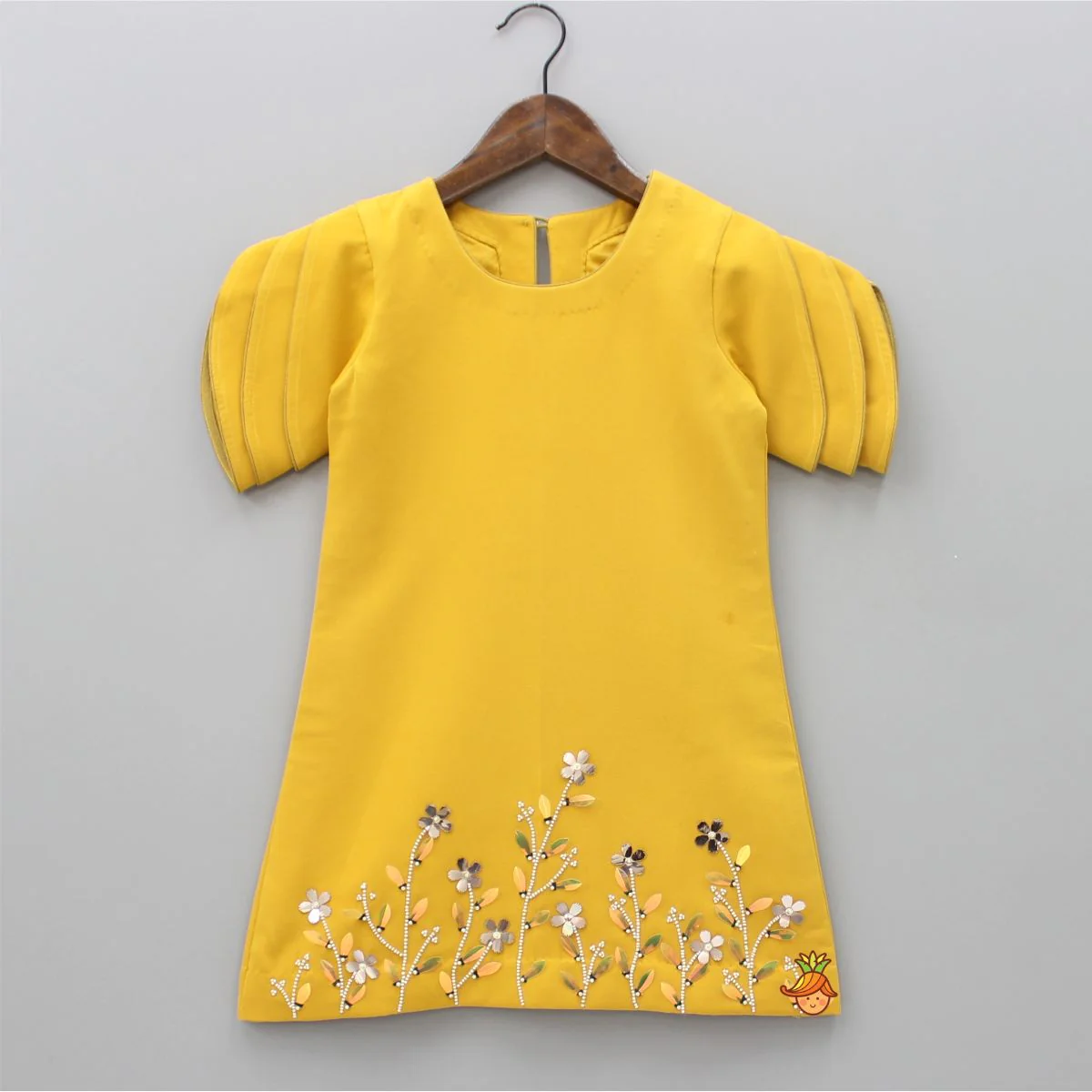 Mustard Floral Embroidered Stylish Layered Sleeves Dress With Sling Bag - Image 3