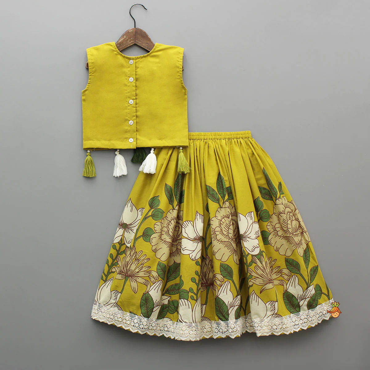 Mustard Yellow Floral Crop Top and Lehenga - Image 2