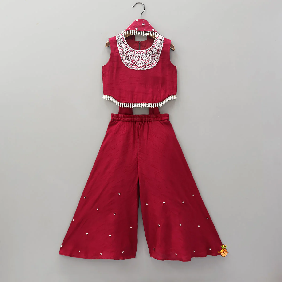 Mysore Silk Beaded Tassel Top And Palazzo Set With Organza Dupatta