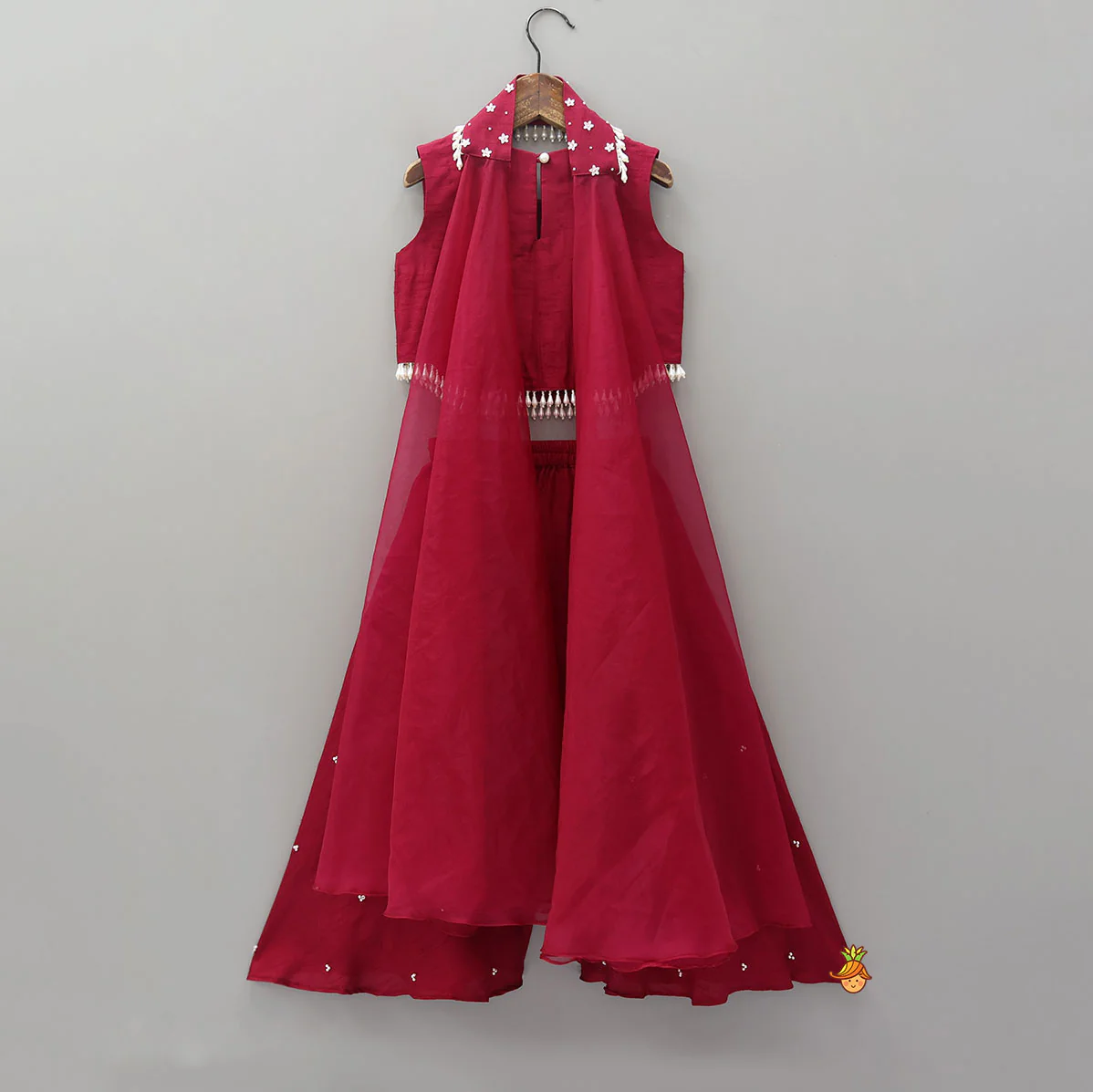Mysore Silk Beaded Tassel Top And Palazzo Set With Organza Dupatta - Image 2