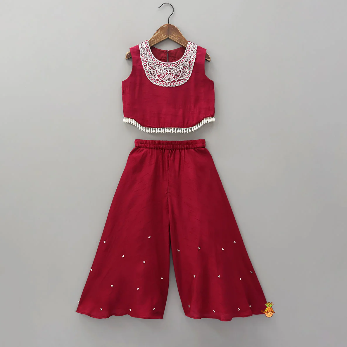 Mysore Silk Beaded Tassel Top And Palazzo Set With Organza Dupatta - Image 3