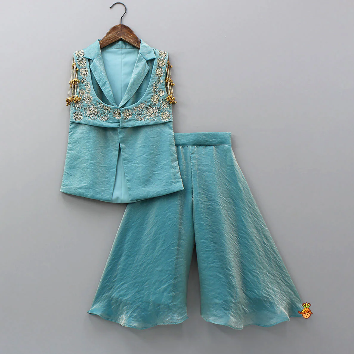 Notched Collar Jacket-Style Sheen Kurti And Palazzo