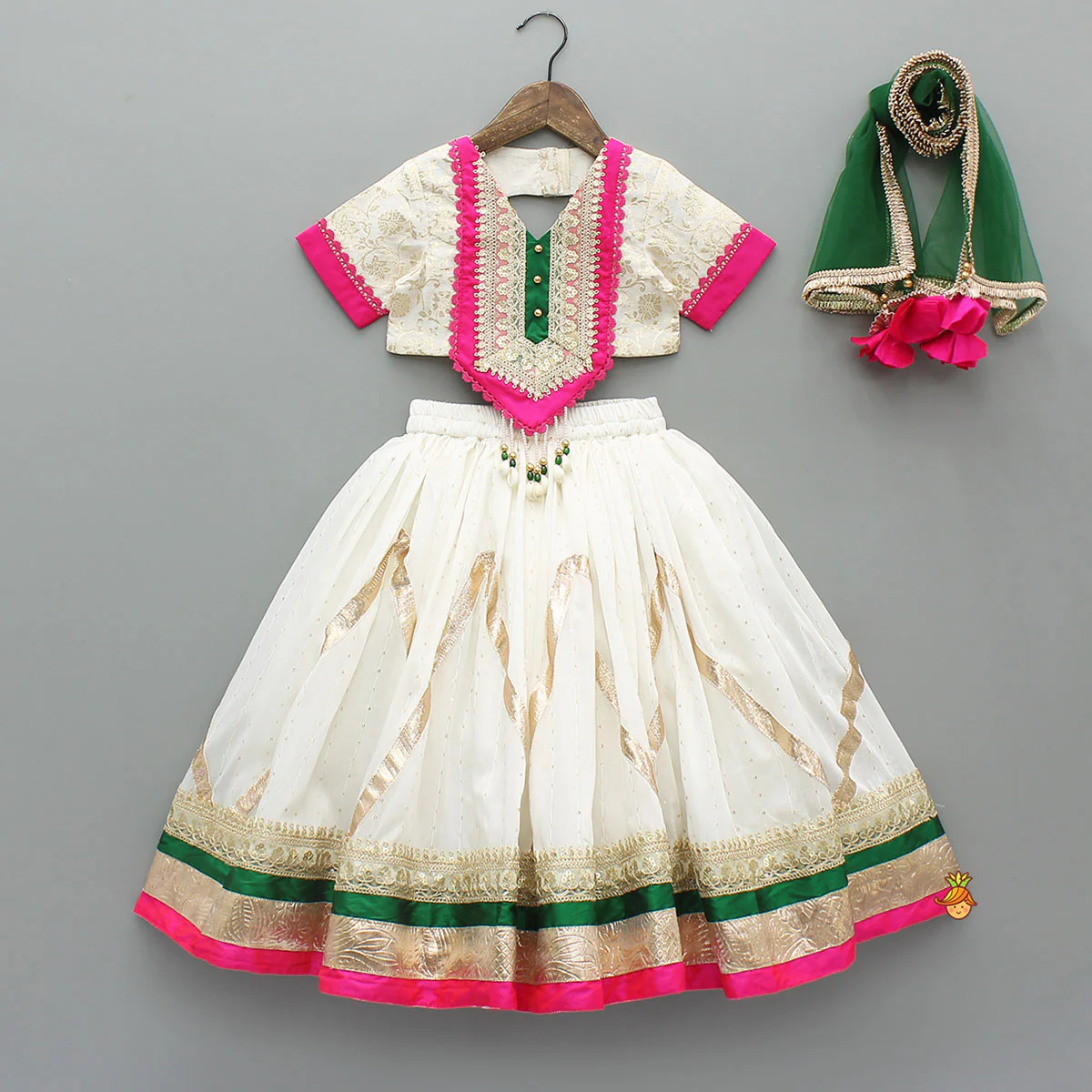 Off White Brocade Top With Lehenga And Dupatta