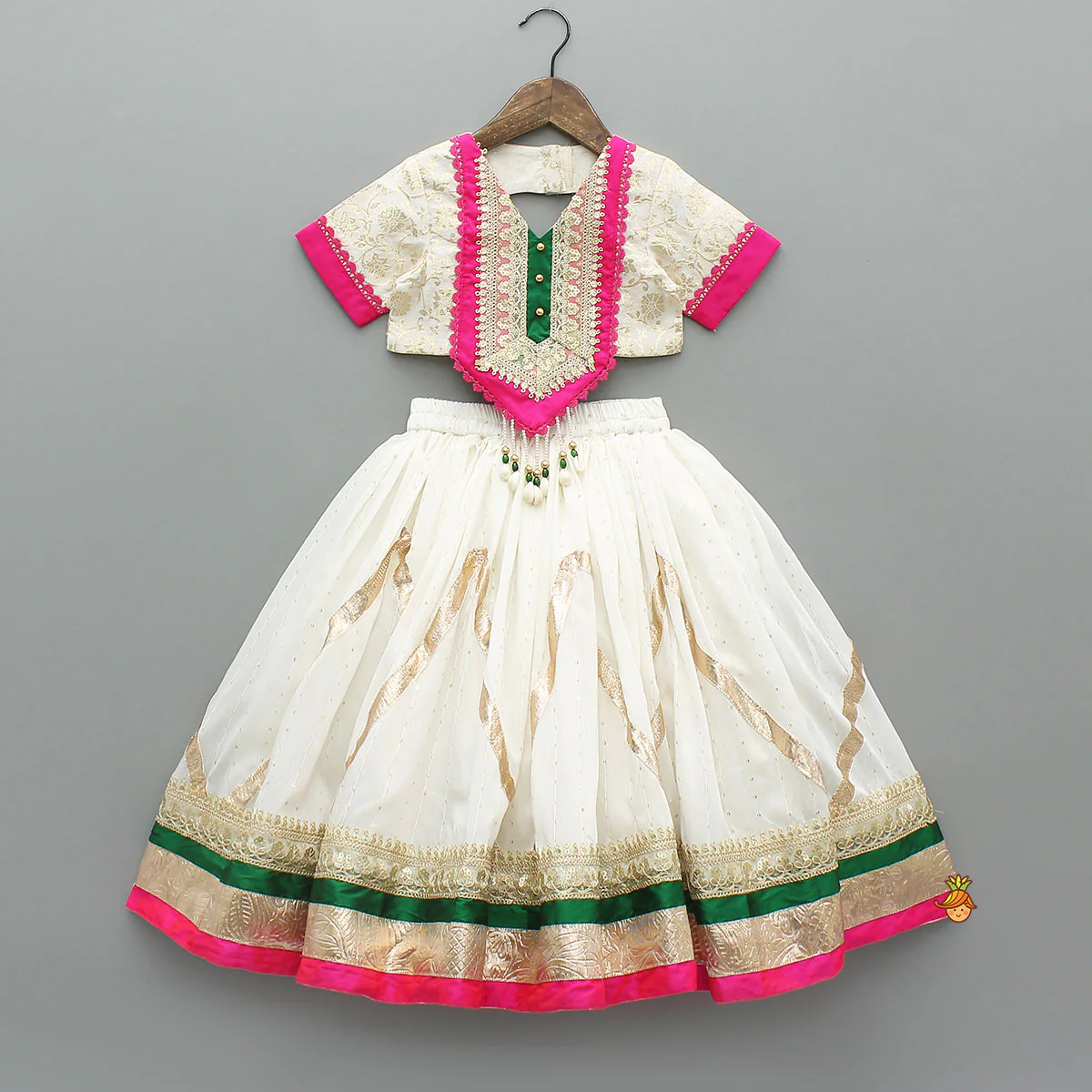 Off White Brocade Top With Lehenga And Dupatta - Image 3