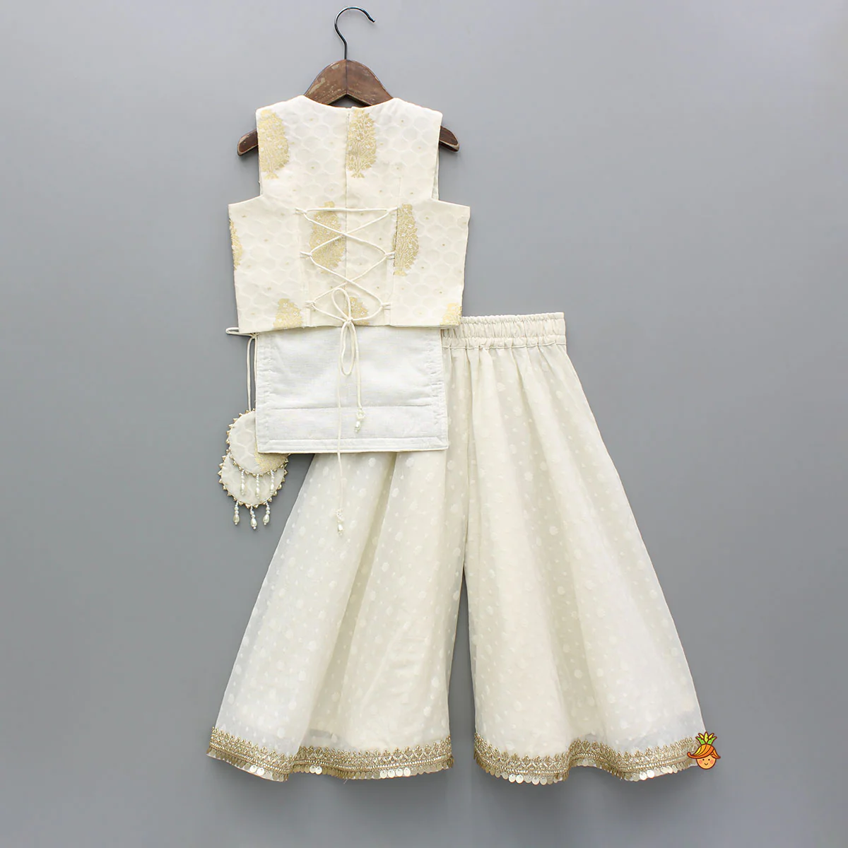 Off White Embroidered Embellished Top And Palazzo - Image 2
