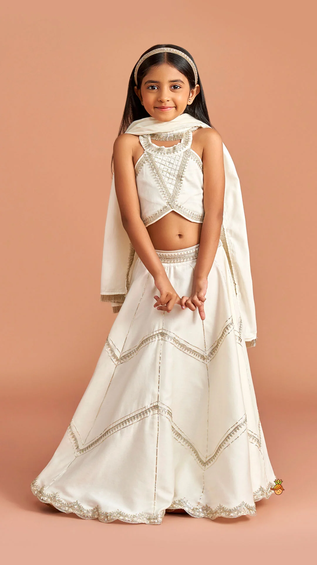 Off White Halter Neck Embellished Top And Lehenga With Dupatta - Image 2