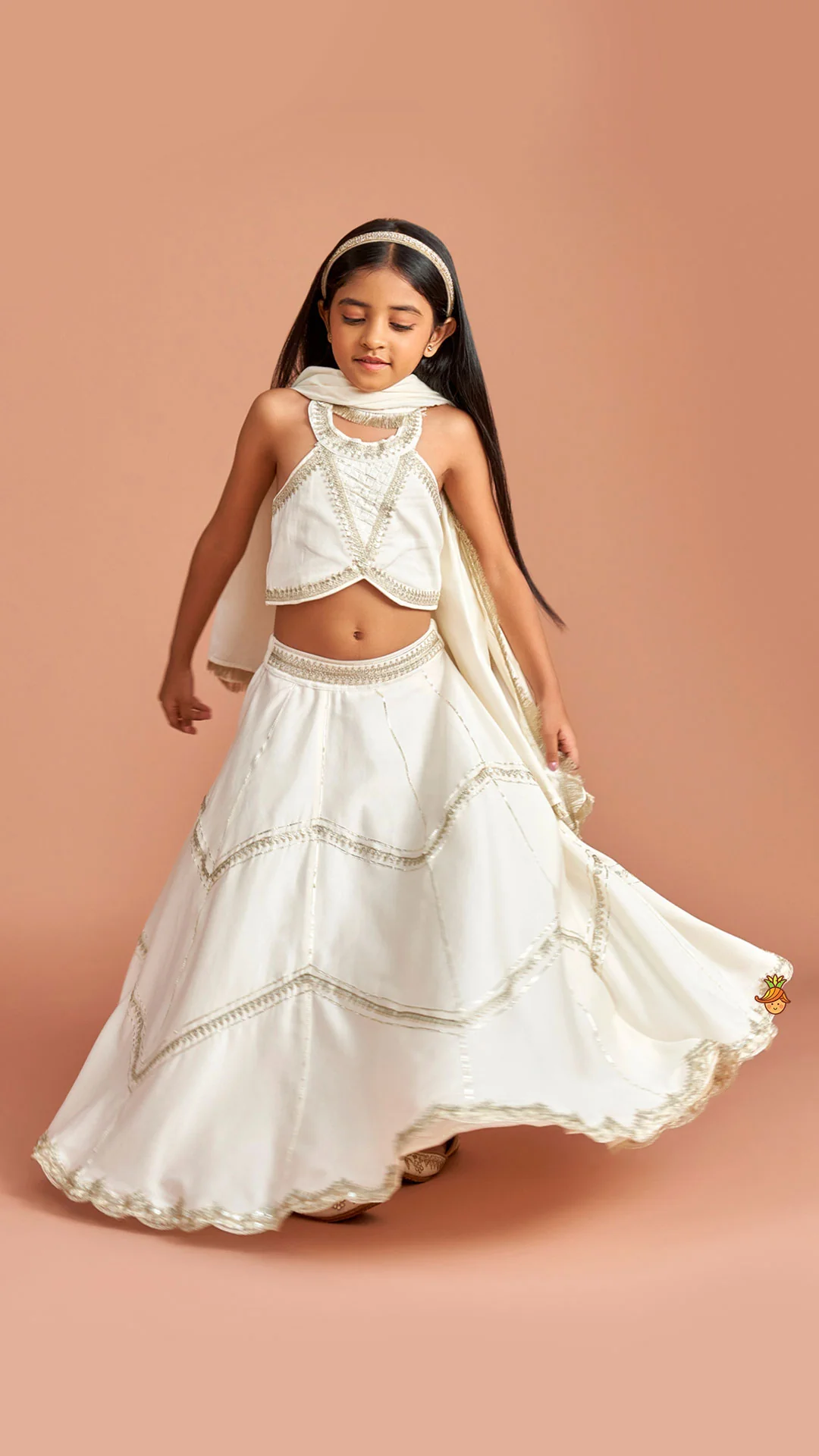 Off White Halter Neck Embellished Top And Lehenga With Dupatta - Image 3