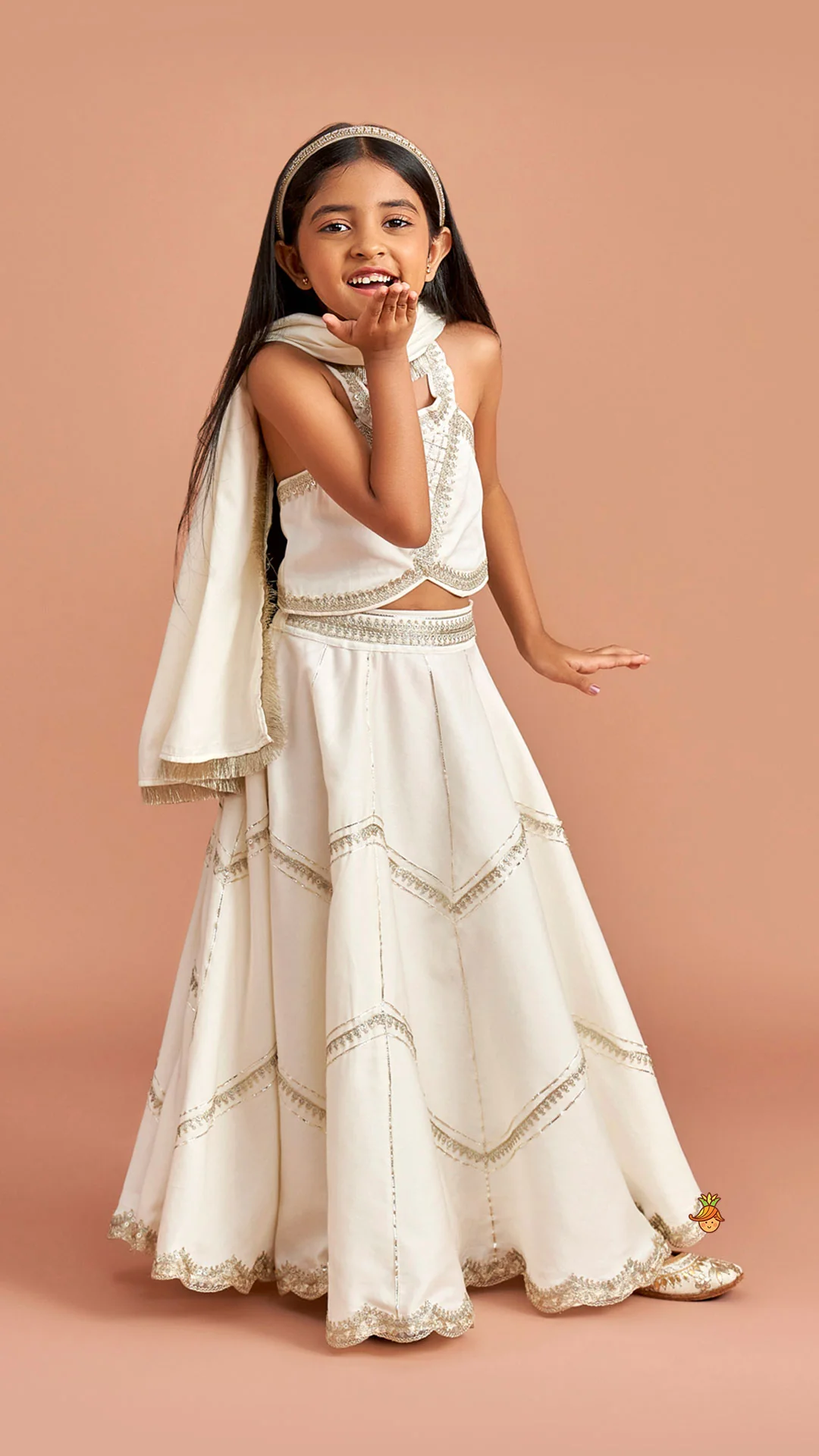 Off White Halter Neck Embellished Top And Lehenga With Dupatta - Image 4