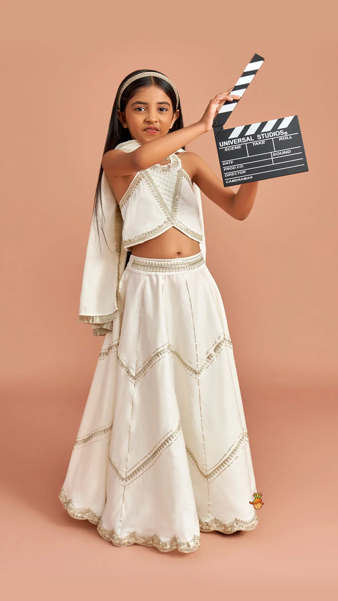 Off White Halter Neck Embellished Top And Lehenga With Dupatta - Image 5