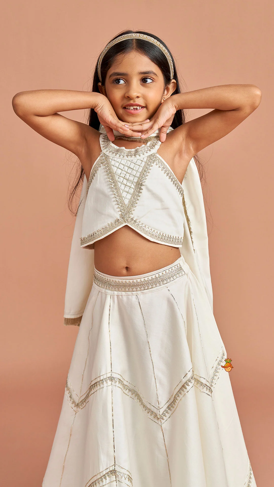 Off White Halter Neck Embellished Top And Lehenga With Dupatta - Image 6
