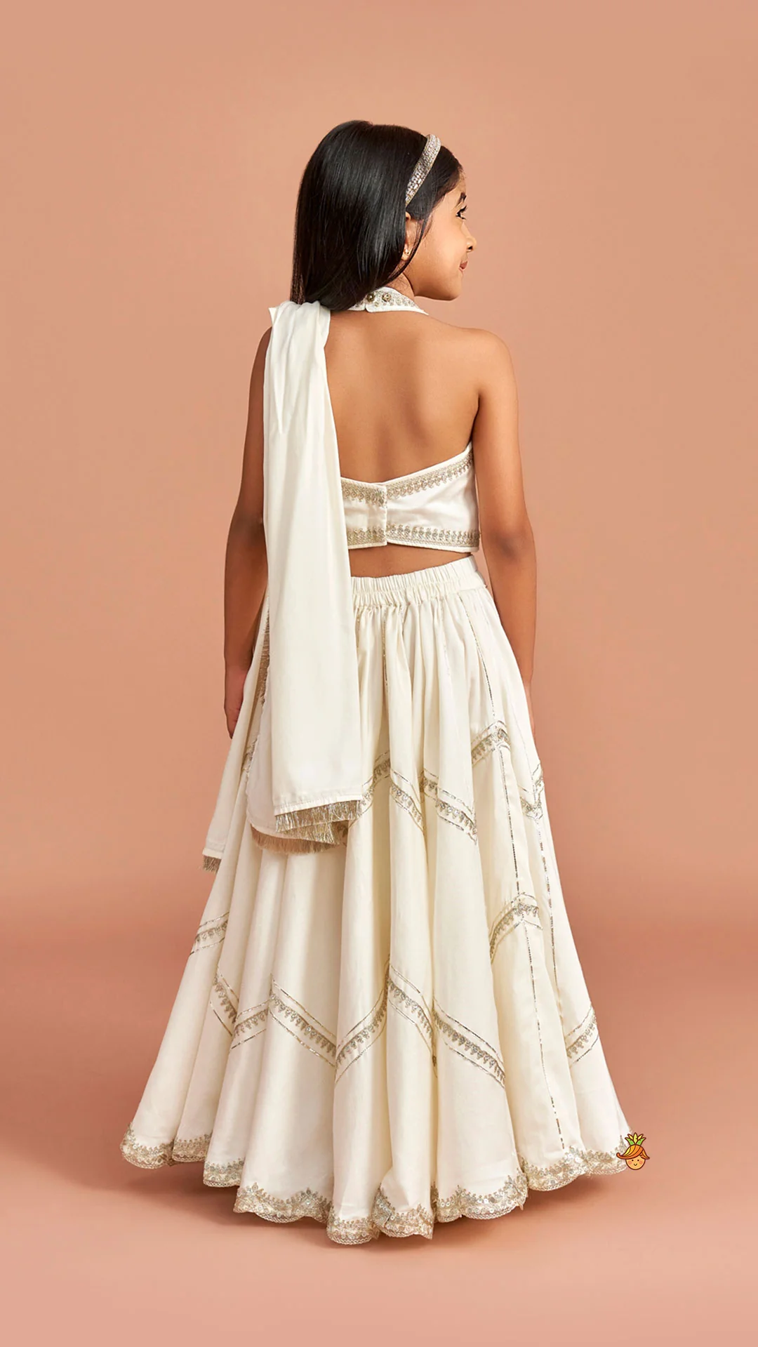 Off White Halter Neck Embellished Top And Lehenga With Dupatta - Image 7